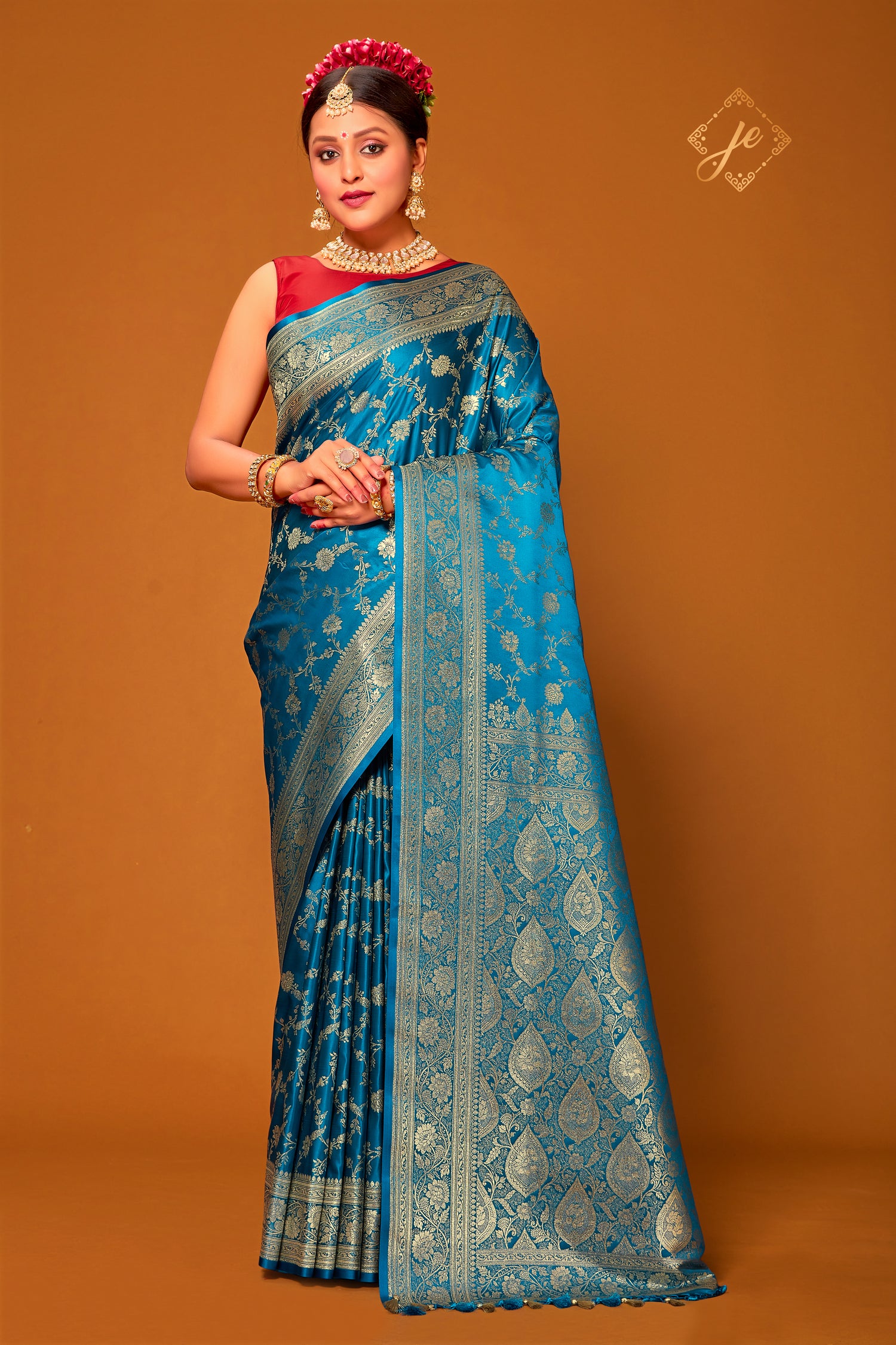 Deep Blue Satin Jaal Banarasi Saree