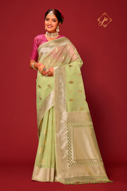 Pista Organza Rupa Sona Buti Banarasi Saree