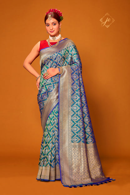 Green-Blue Pure Kataan Silver Mina Banarasi Saree