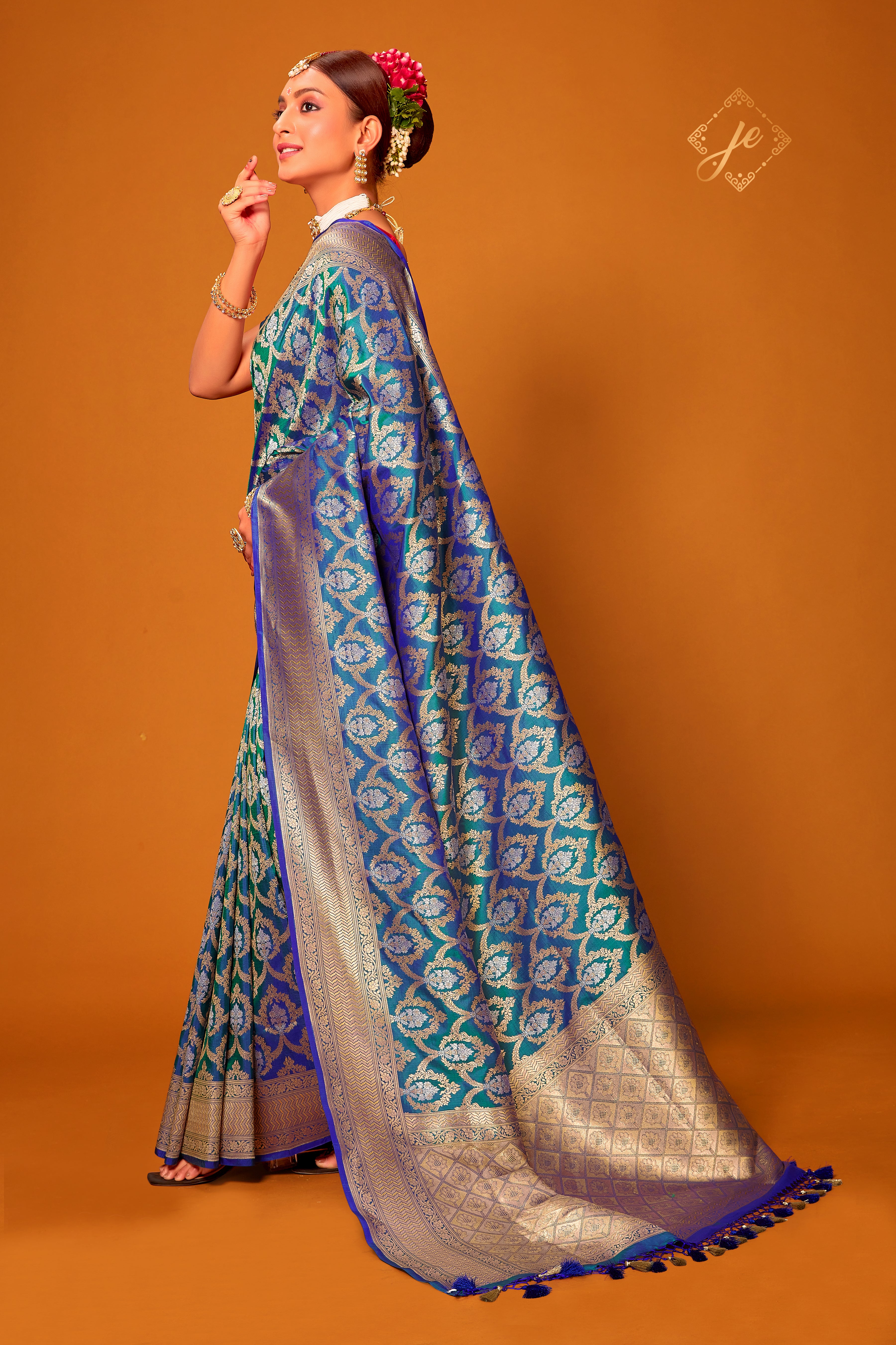 Green-Blue Pure Kataan Silver Mina Banarasi Saree