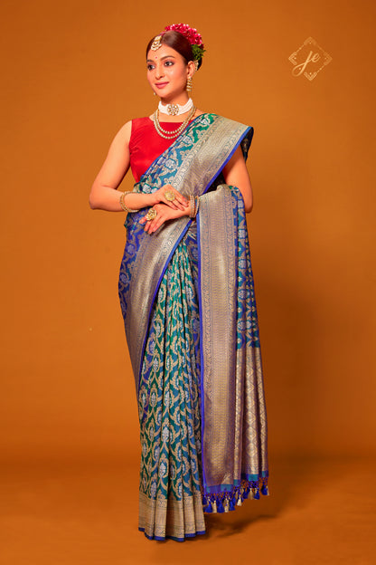 Green-Blue Pure Kataan Silver Mina Banarasi Saree