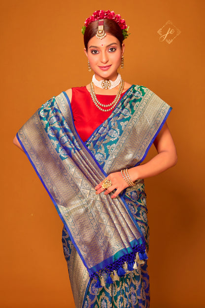 Green-Blue Pure Kataan Silver Mina Banarasi Saree