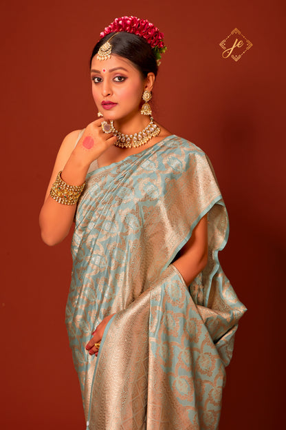 Pastel Blue Pure Kataan Silver Mina Banarasi Saree