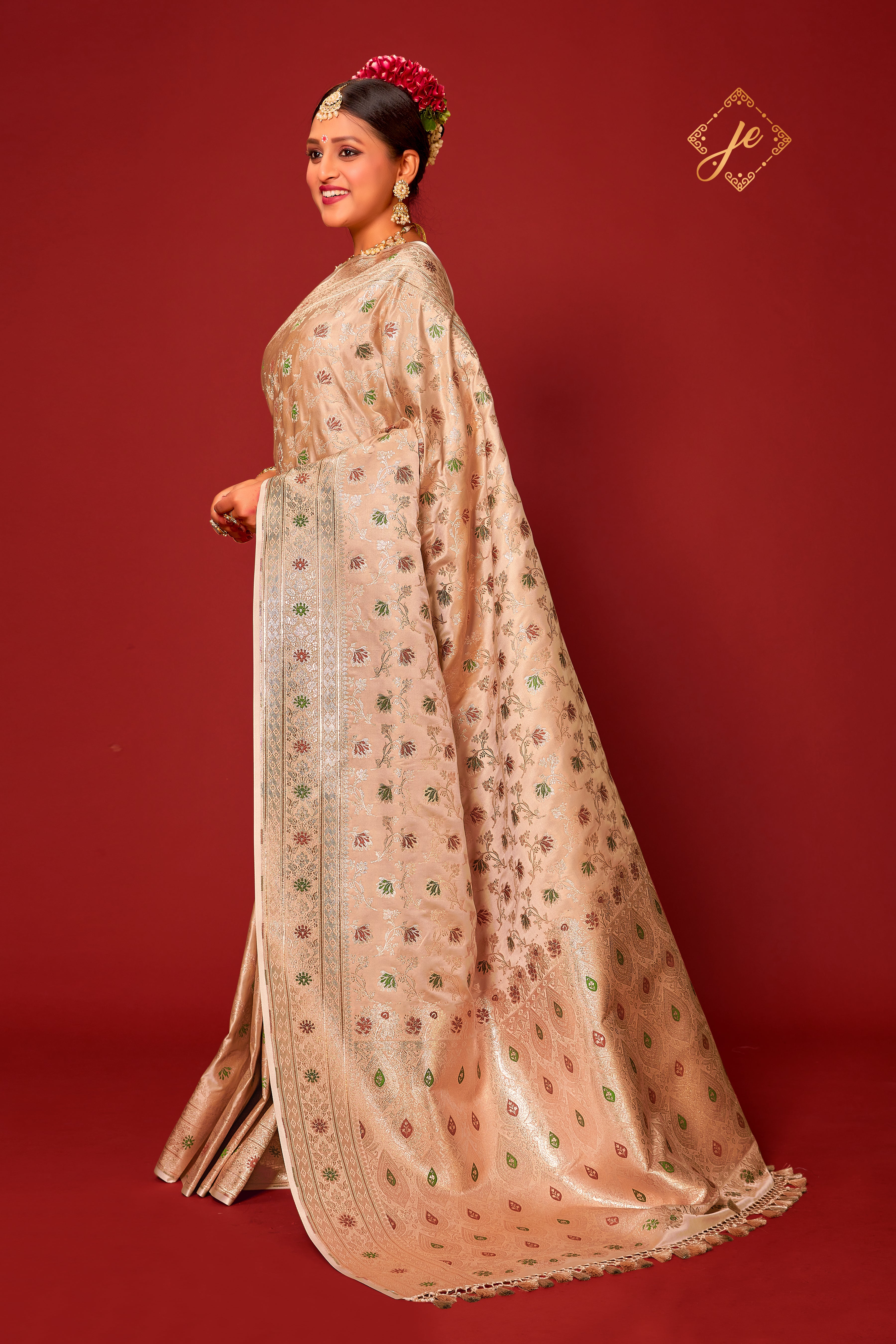 Beige Satin Silk Meenakari Jaal Banarasi Saree