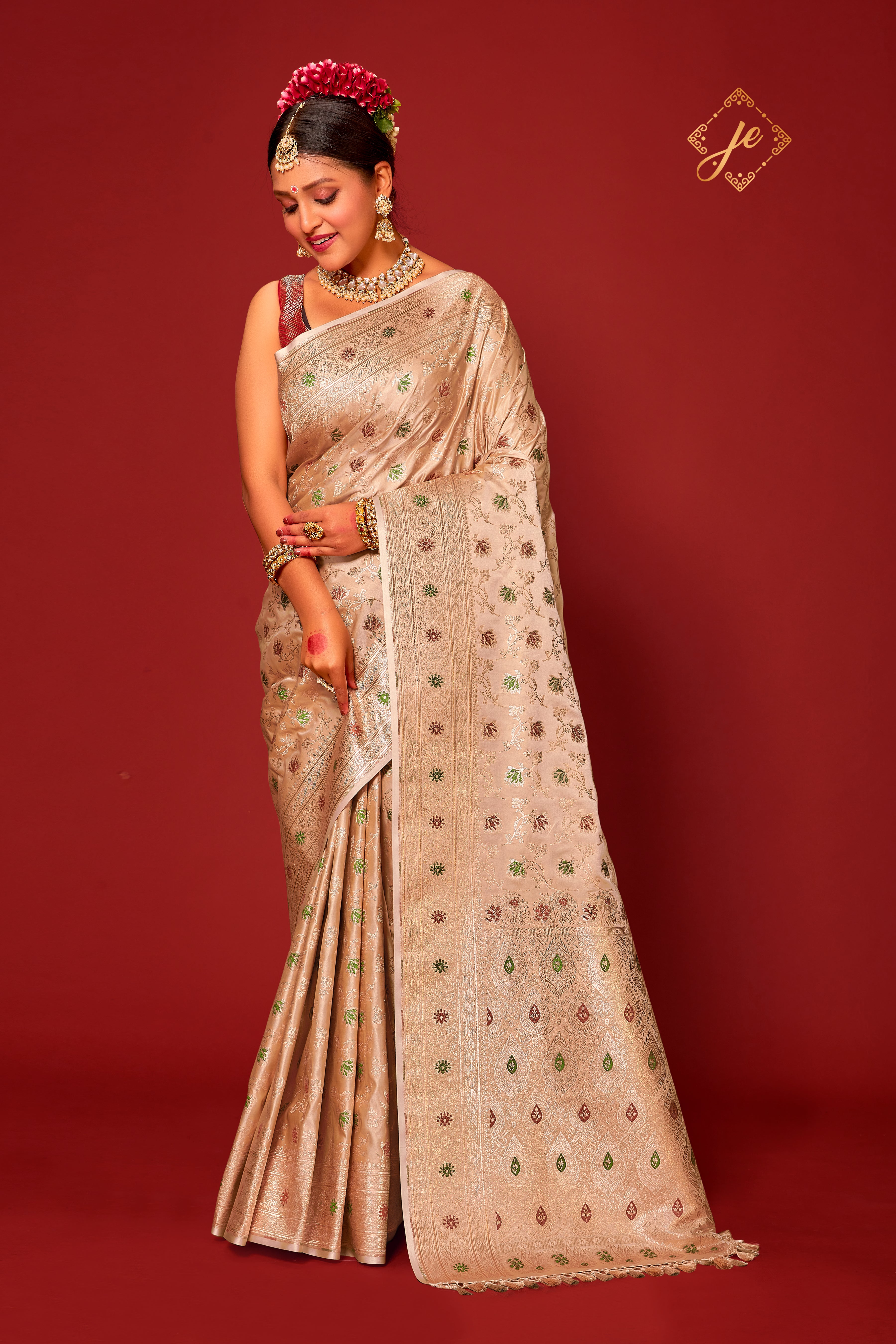 Beige Satin Silk Meenakari Jaal Banarasi Saree