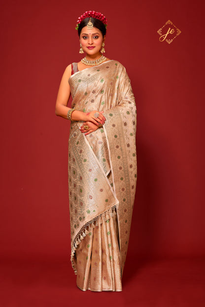 Beige Satin Silk Meenakari Jaal Banarasi Saree