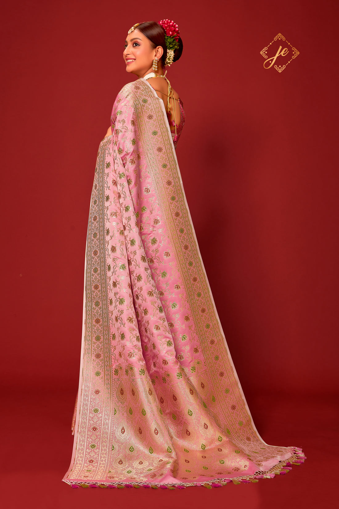 Pastel Pink Satin Silk Meenakari Jaal Banarasi Saree