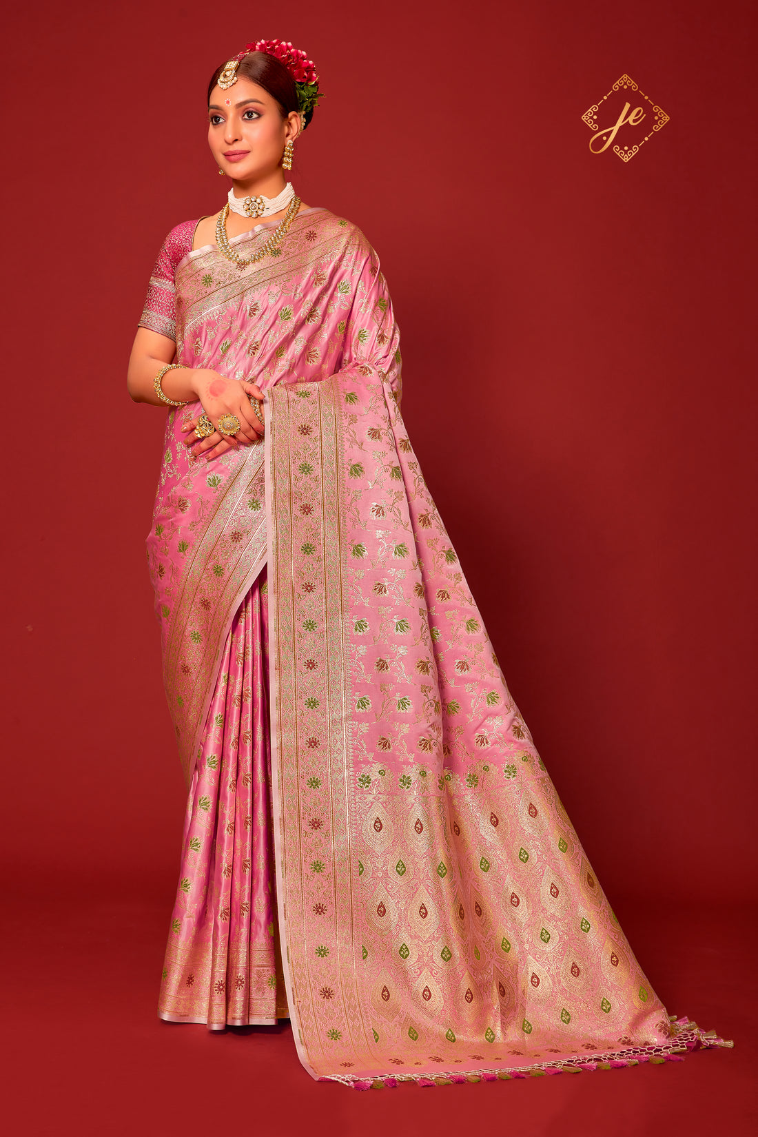 Pastel Pink Satin Silk Meenakari Jaal Banarasi Saree