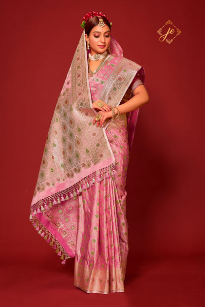 Pastel Pink Satin Silk Meenakari Jaal Banarasi Saree