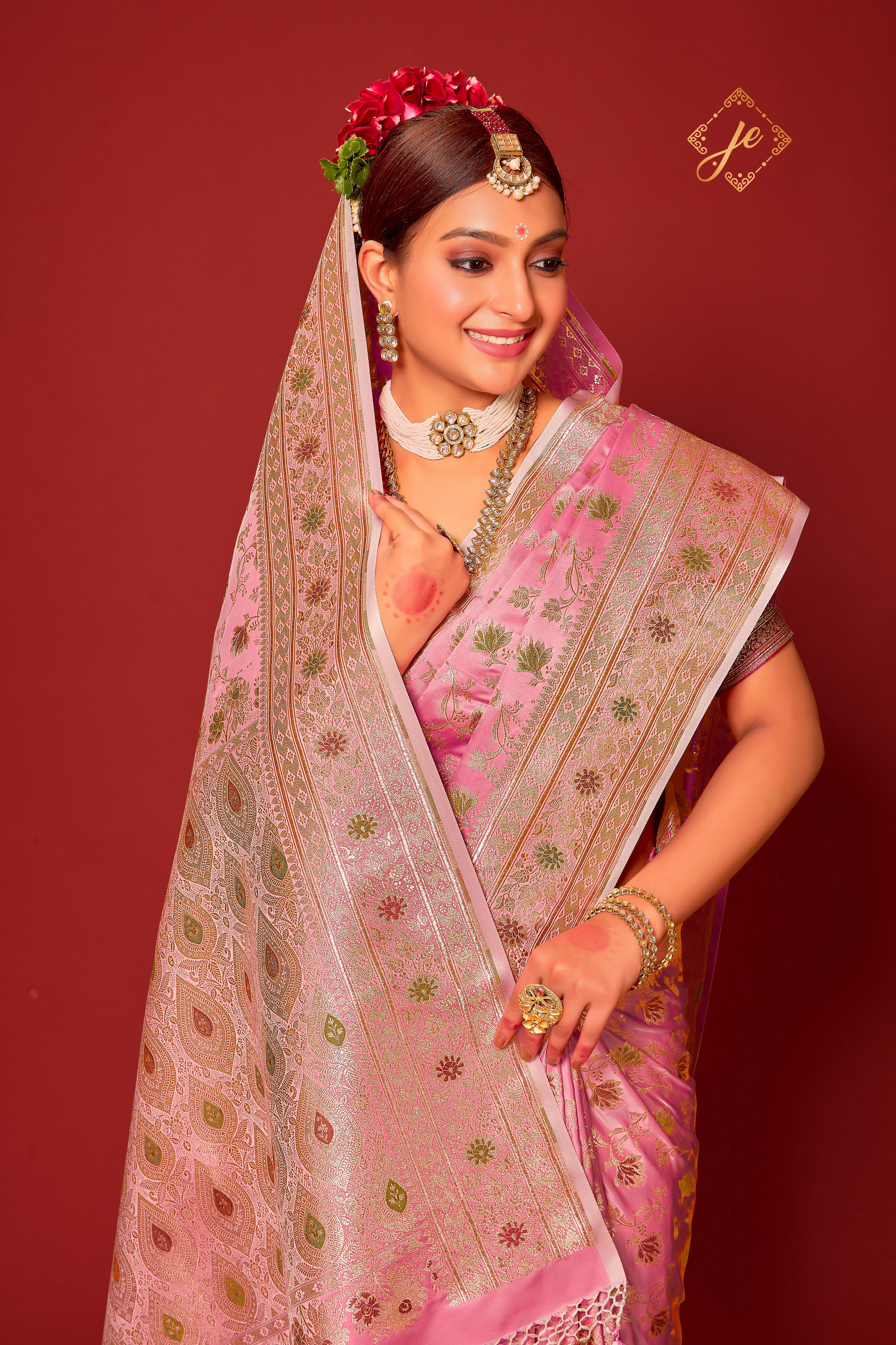 Pastel Pink Satin Silk Meenakari Jaal Banarasi Saree