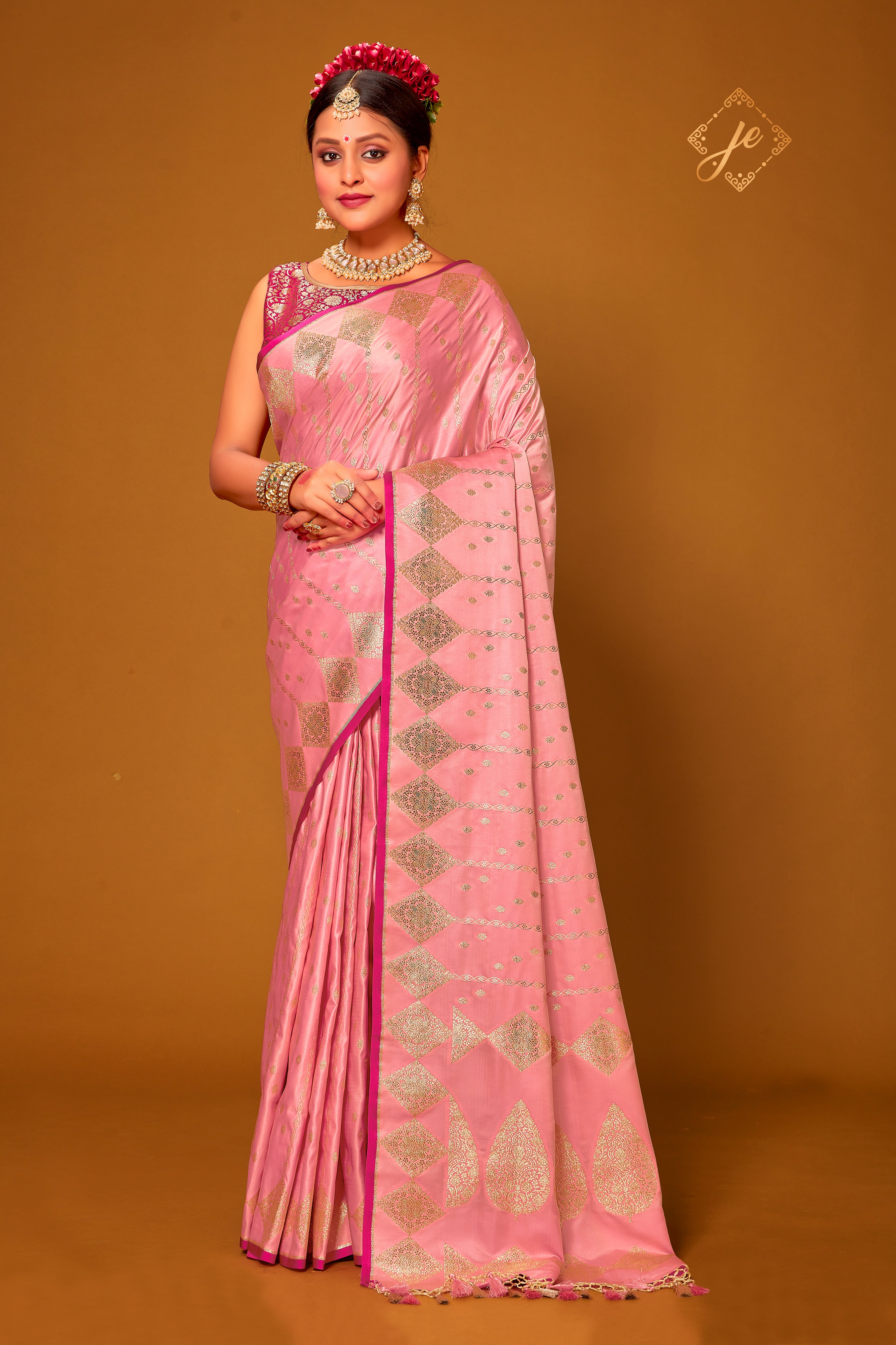 Pastel Pink Satin Silk Striped Banarasi Saree