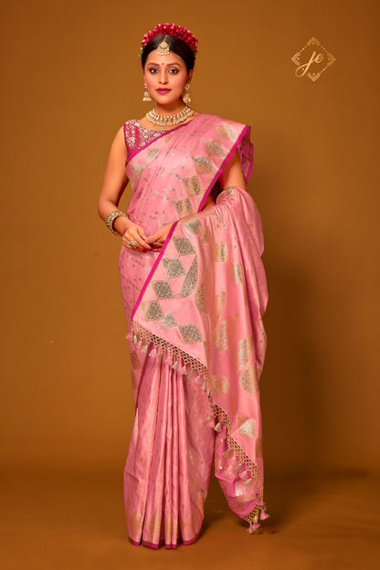 Pastel Pink Satin Silk Striped Banarasi Saree