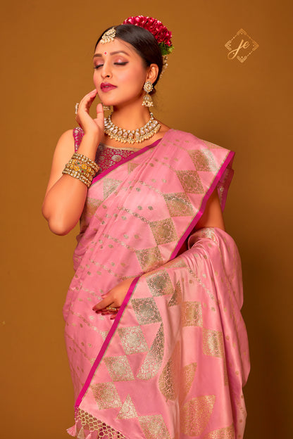 Pastel Pink Satin Silk Striped Banarasi Saree