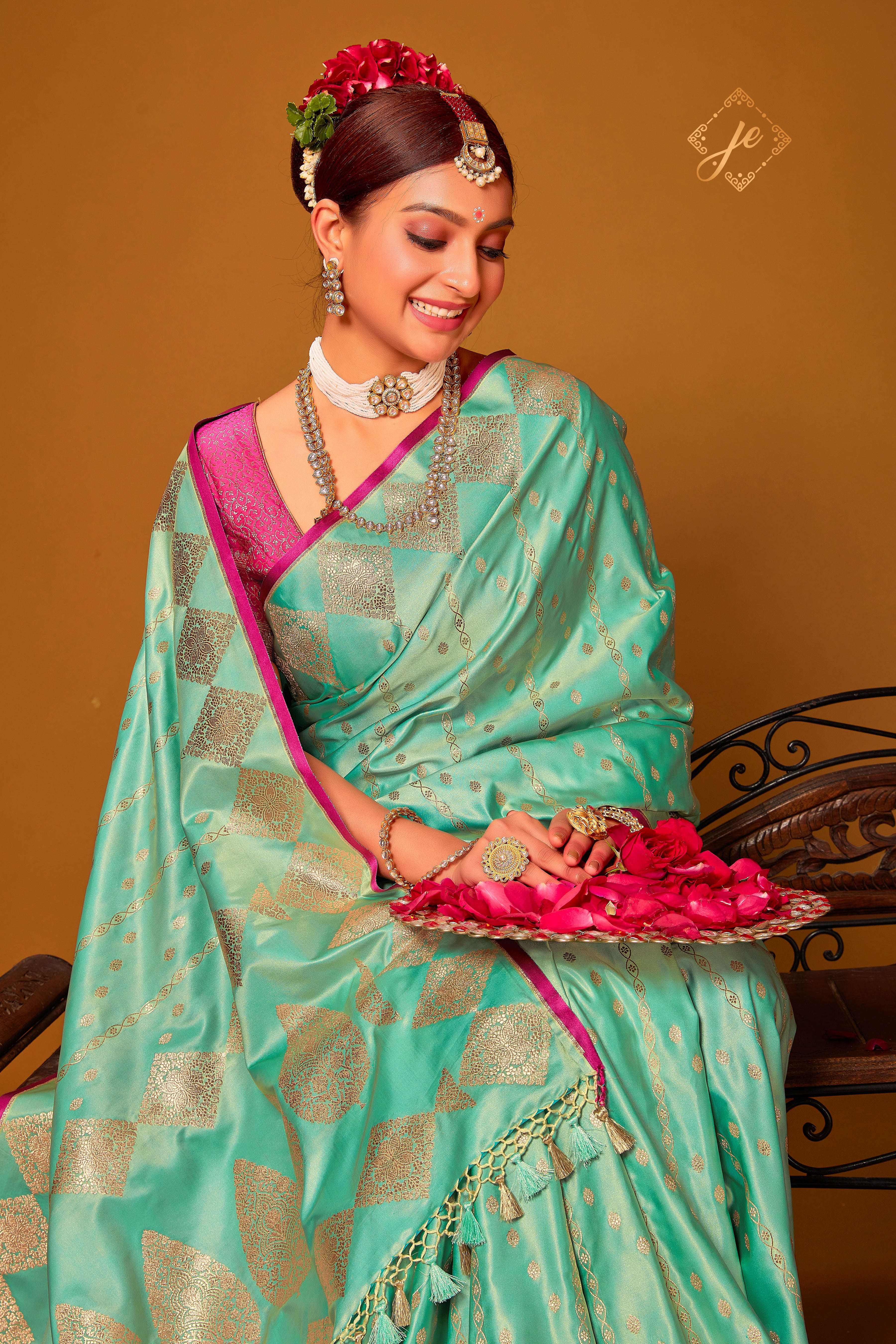 Sea Green Satin Silk Striped Banarasi Saree