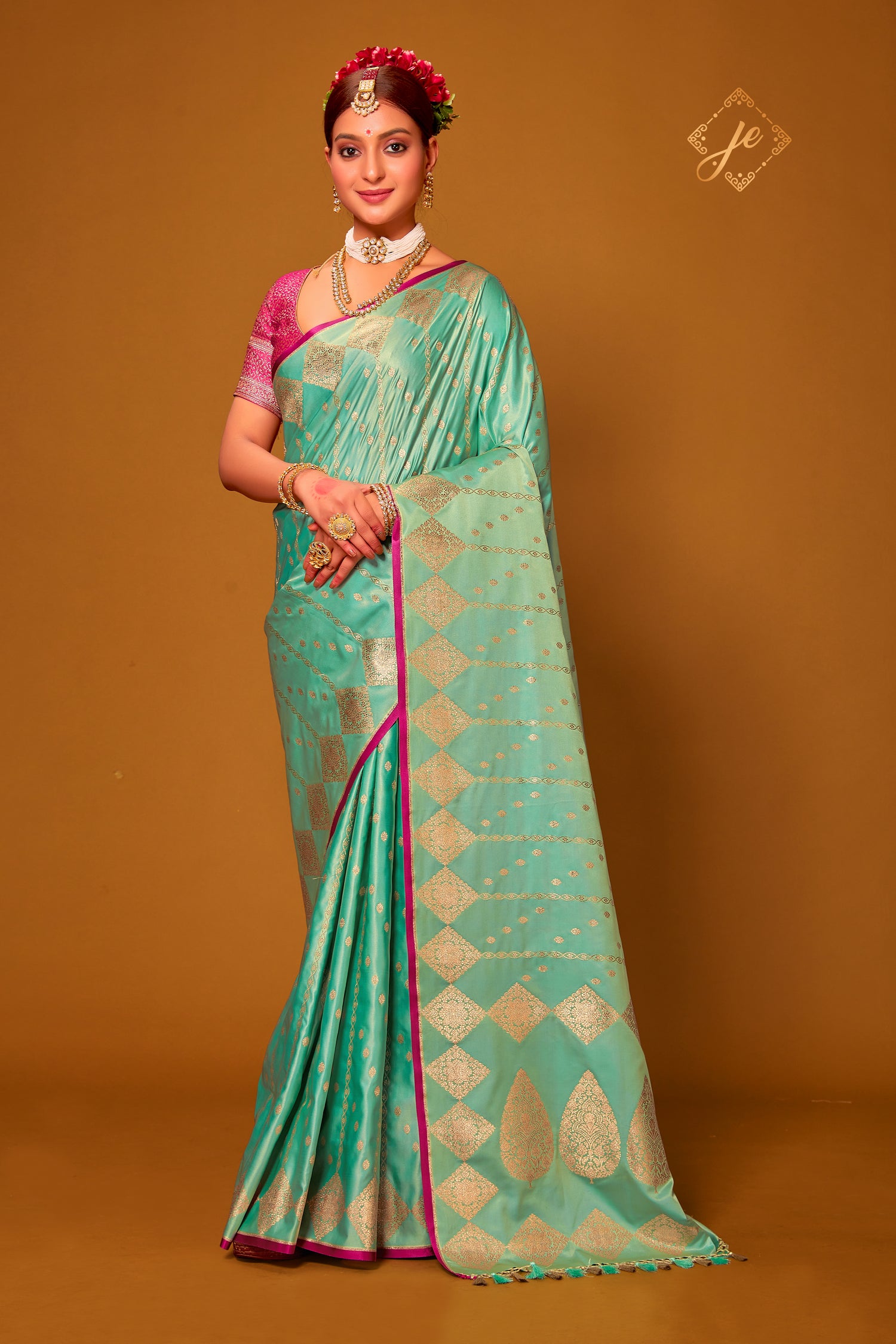 Sea Green Satin Silk Striped Banarasi Saree