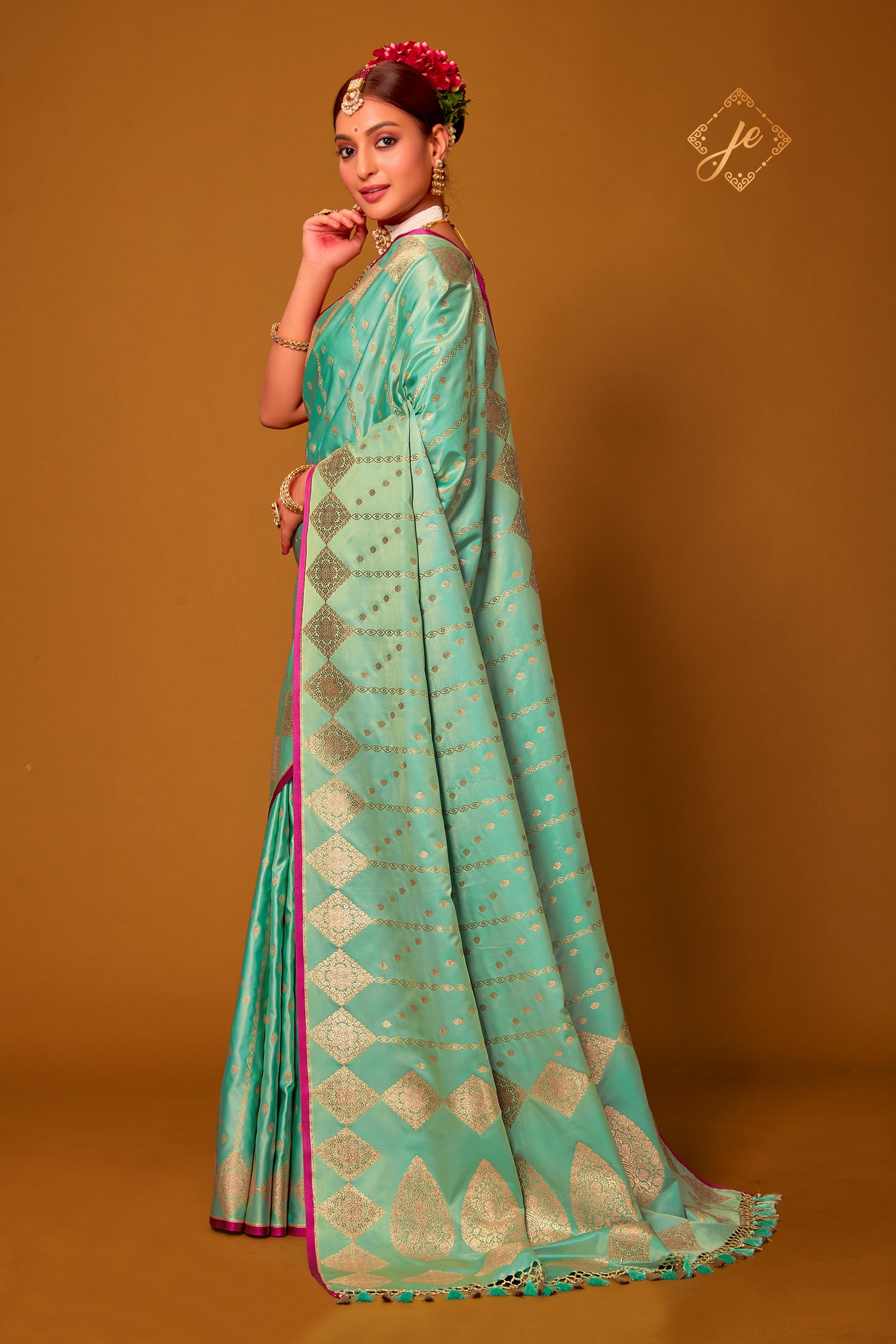 Sea Green Satin Silk Striped Banarasi Saree