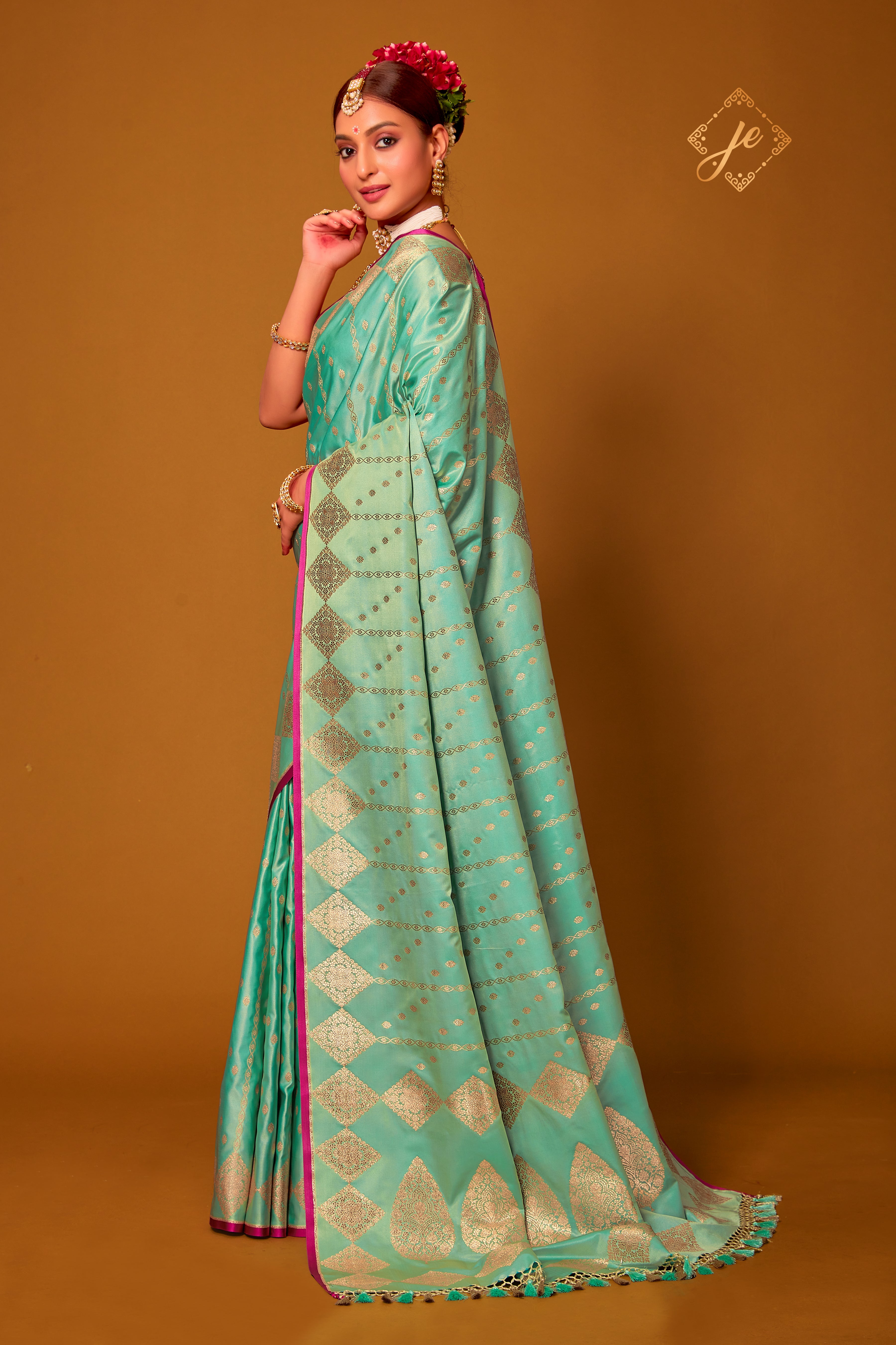 Sea Green Satin Silk Striped Banarasi Saree