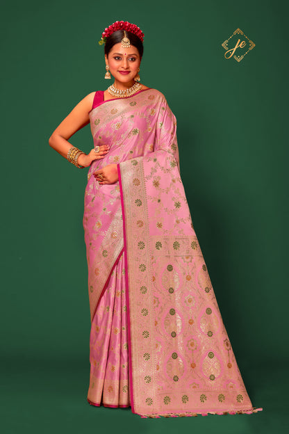 Pastel Pink Satin Silk Meenakari Jaal Banarasi Saree