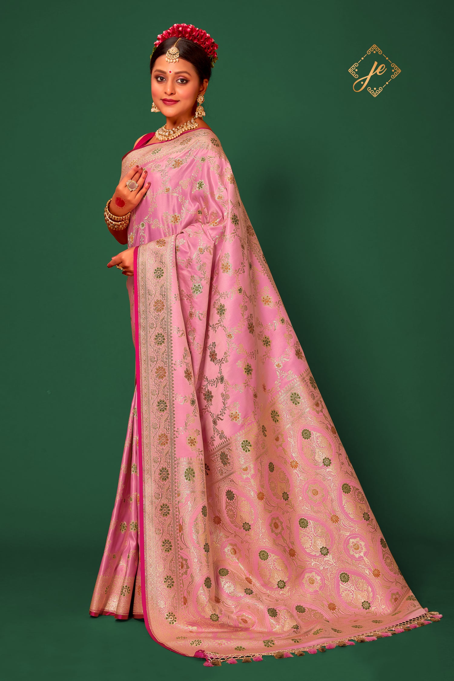 Pastel Pink Satin Silk Meenakari Jaal Banarasi Saree