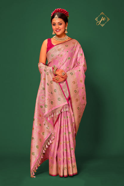 Pastel Pink Satin Silk Meenakari Jaal Banarasi Saree