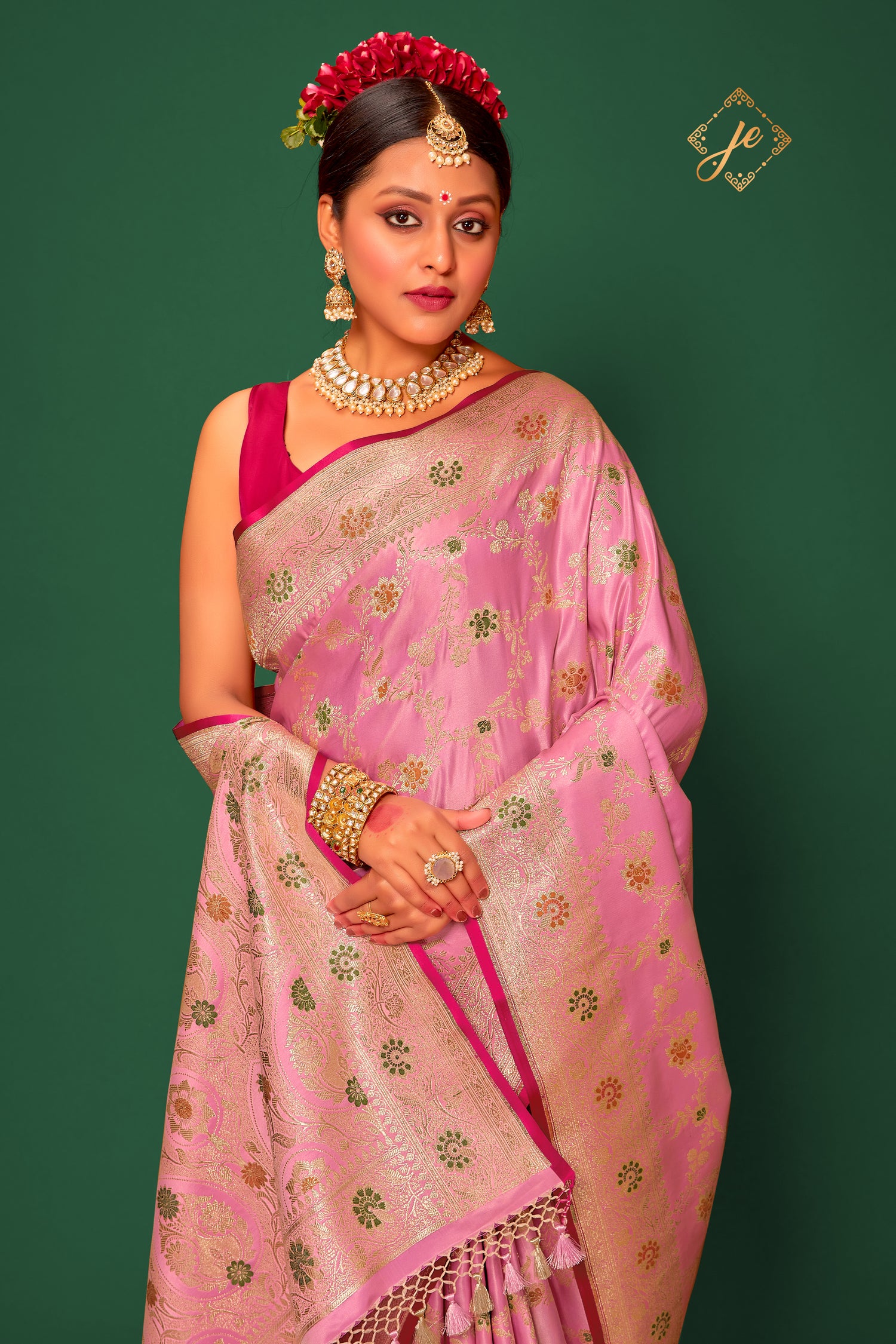 Pastel Pink Satin Silk Meenakari Jaal Banarasi Saree