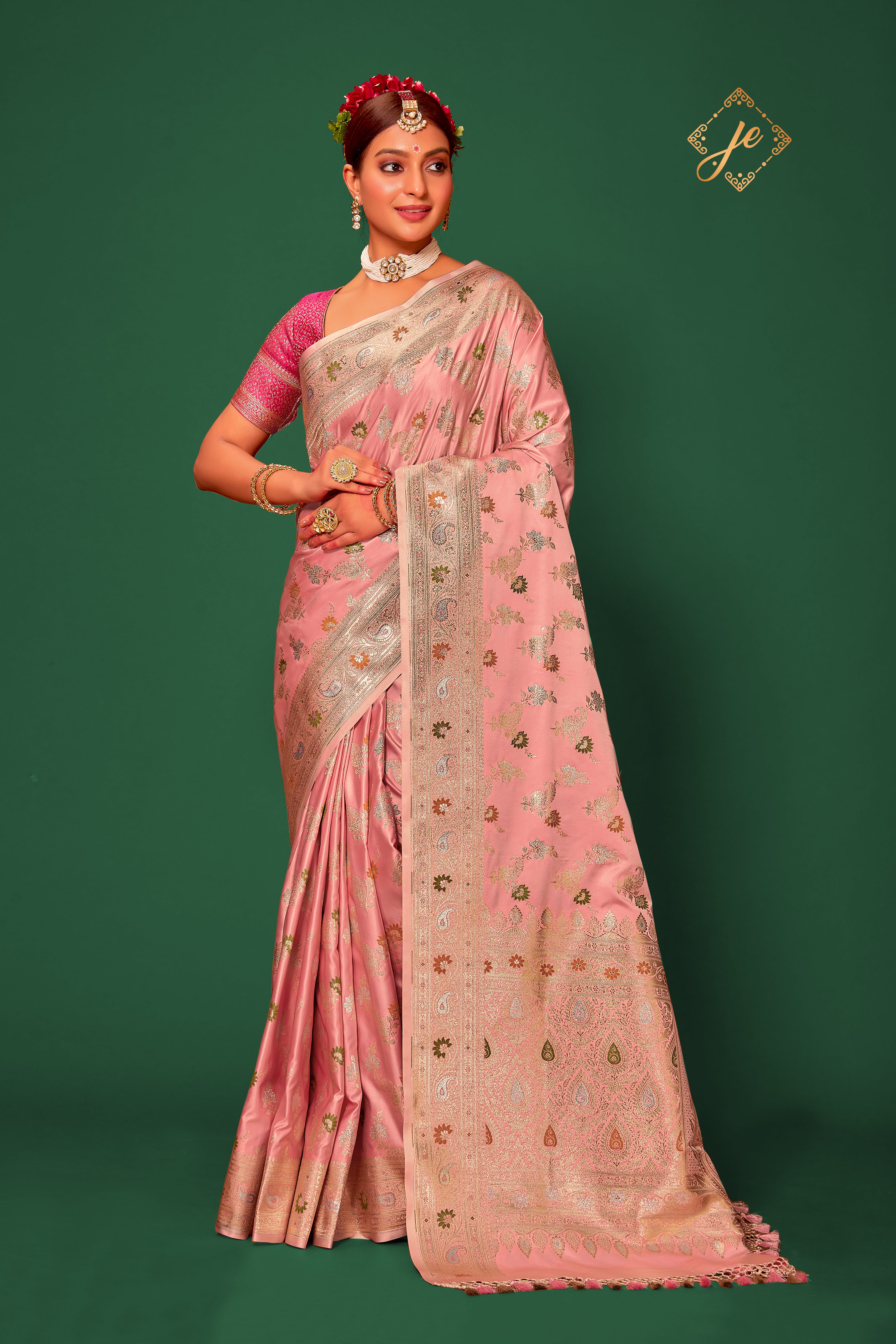 Pastel Pink Satin Silk Silver Meenakari Banarasi Saree