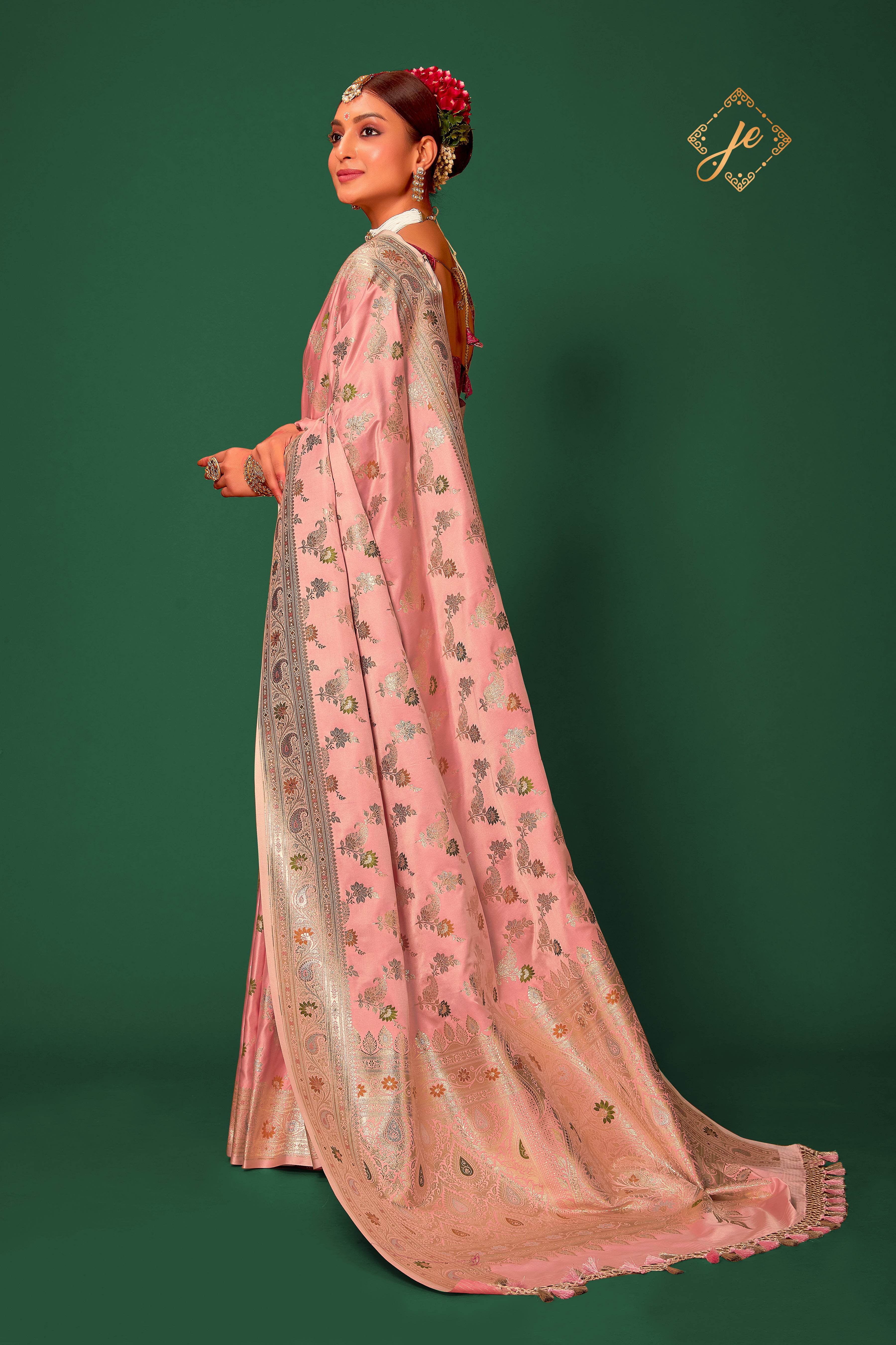 Pastel Pink Satin Silk Silver Meenakari Banarasi Saree