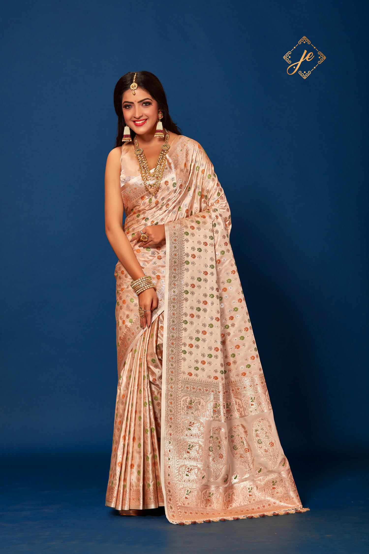 Beige Satin Silk Baluchari Pattern Banarasi Saree