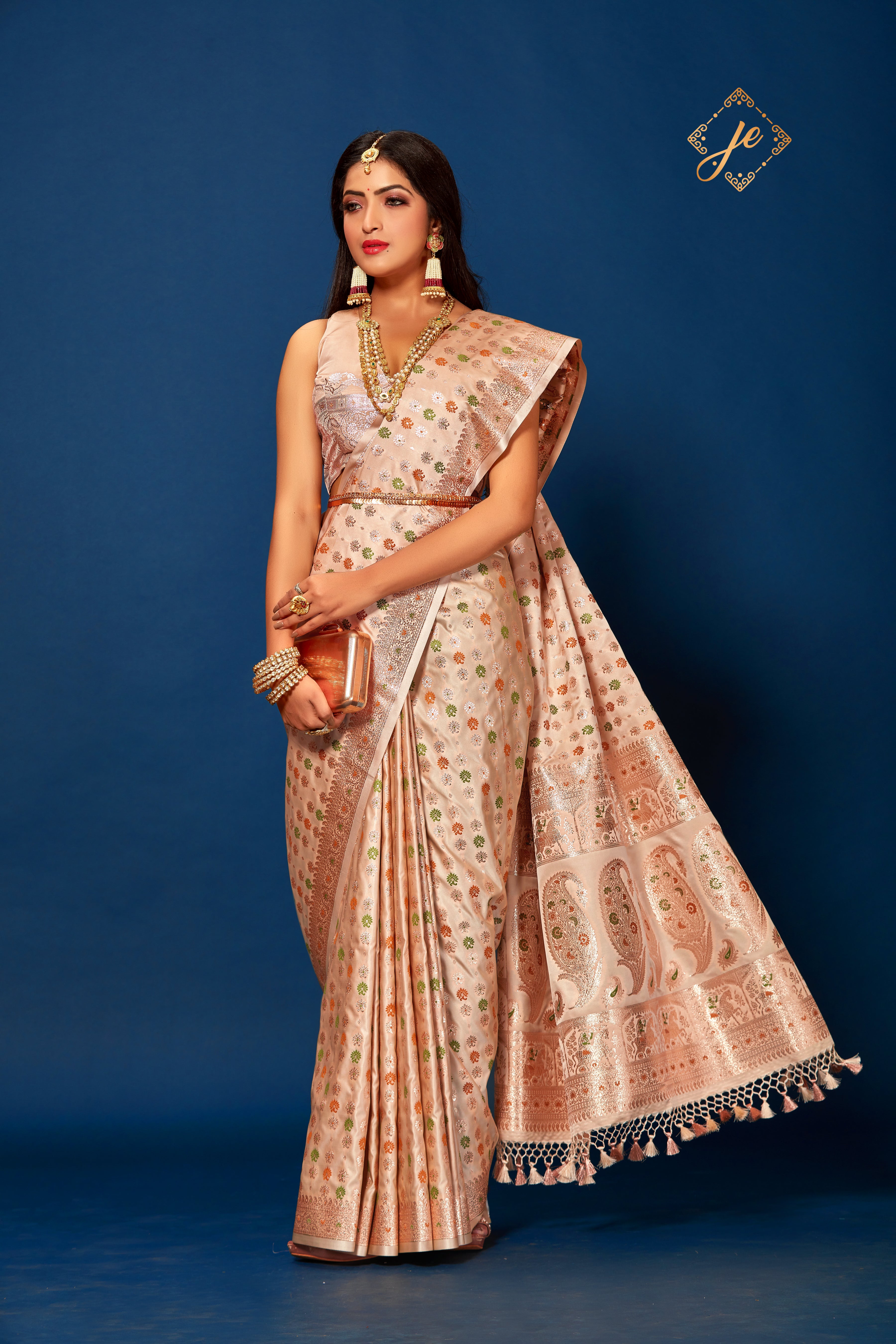 Beige Satin Silk Baluchari Pattern Banarasi Saree