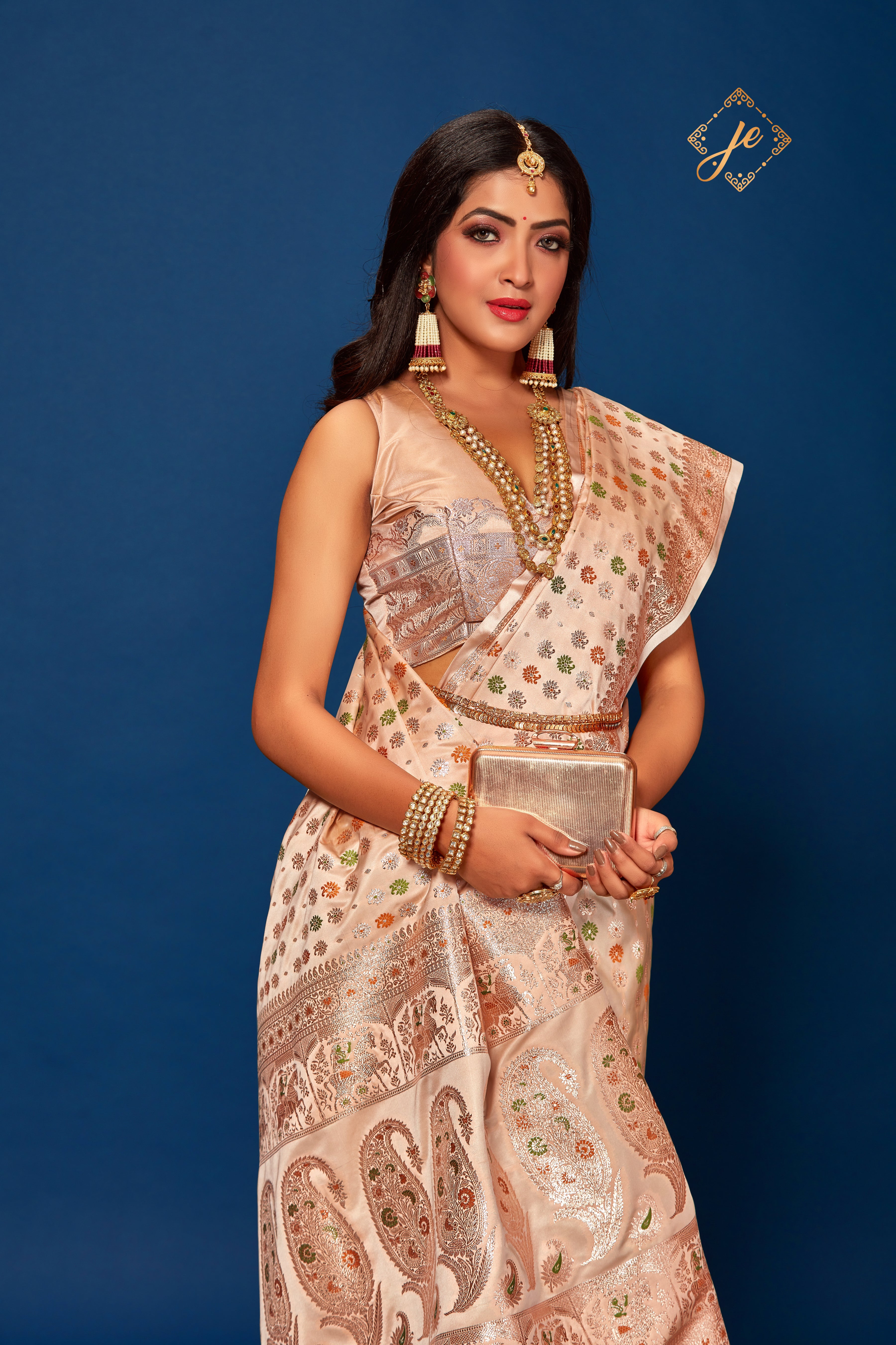 Beige Satin Silk Baluchari Pattern Banarasi Saree