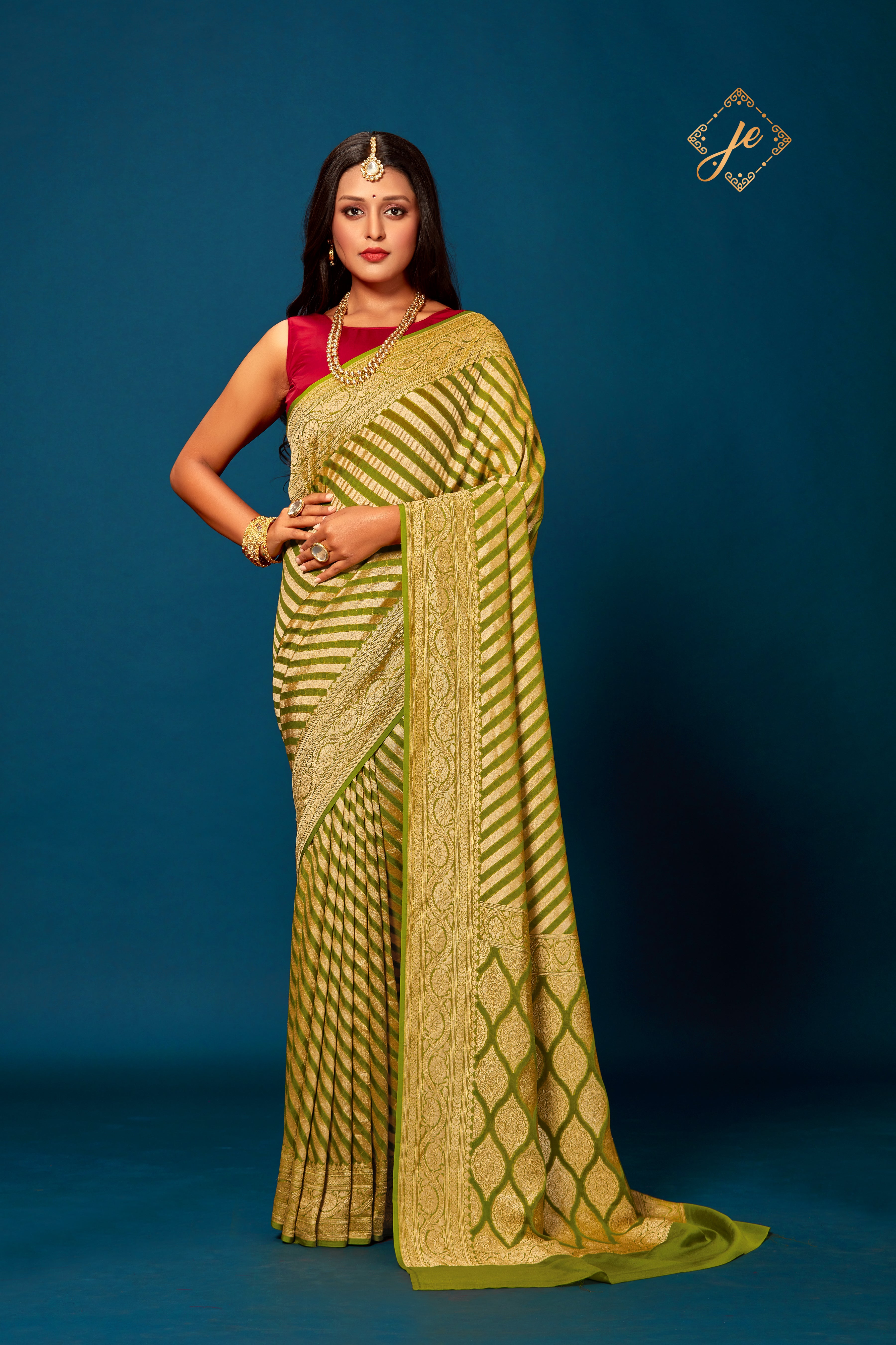 Mehndi Green Pure Khaddi Leheriya Banarasi Saree