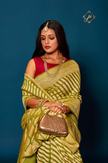 Mehndi Green Pure Khaddi Leheriya Banarasi Saree