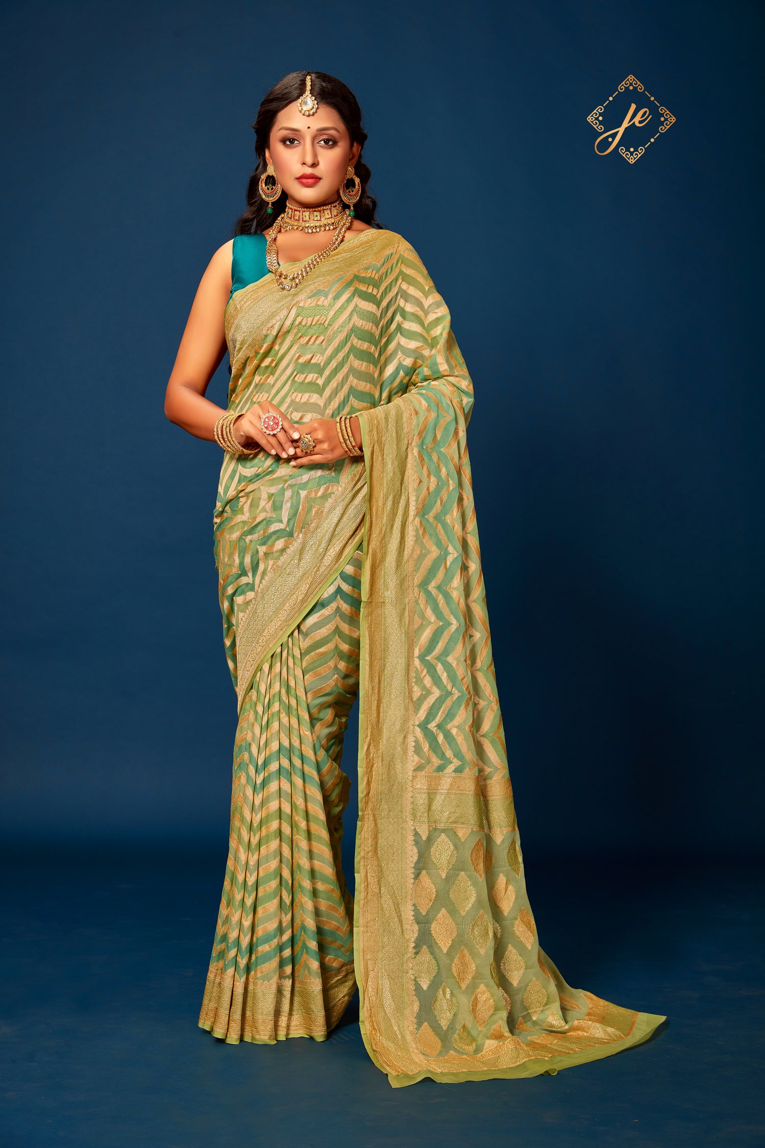 Sea-Green Firozi Pure Khaddi Rangkaat Banarasi Saree