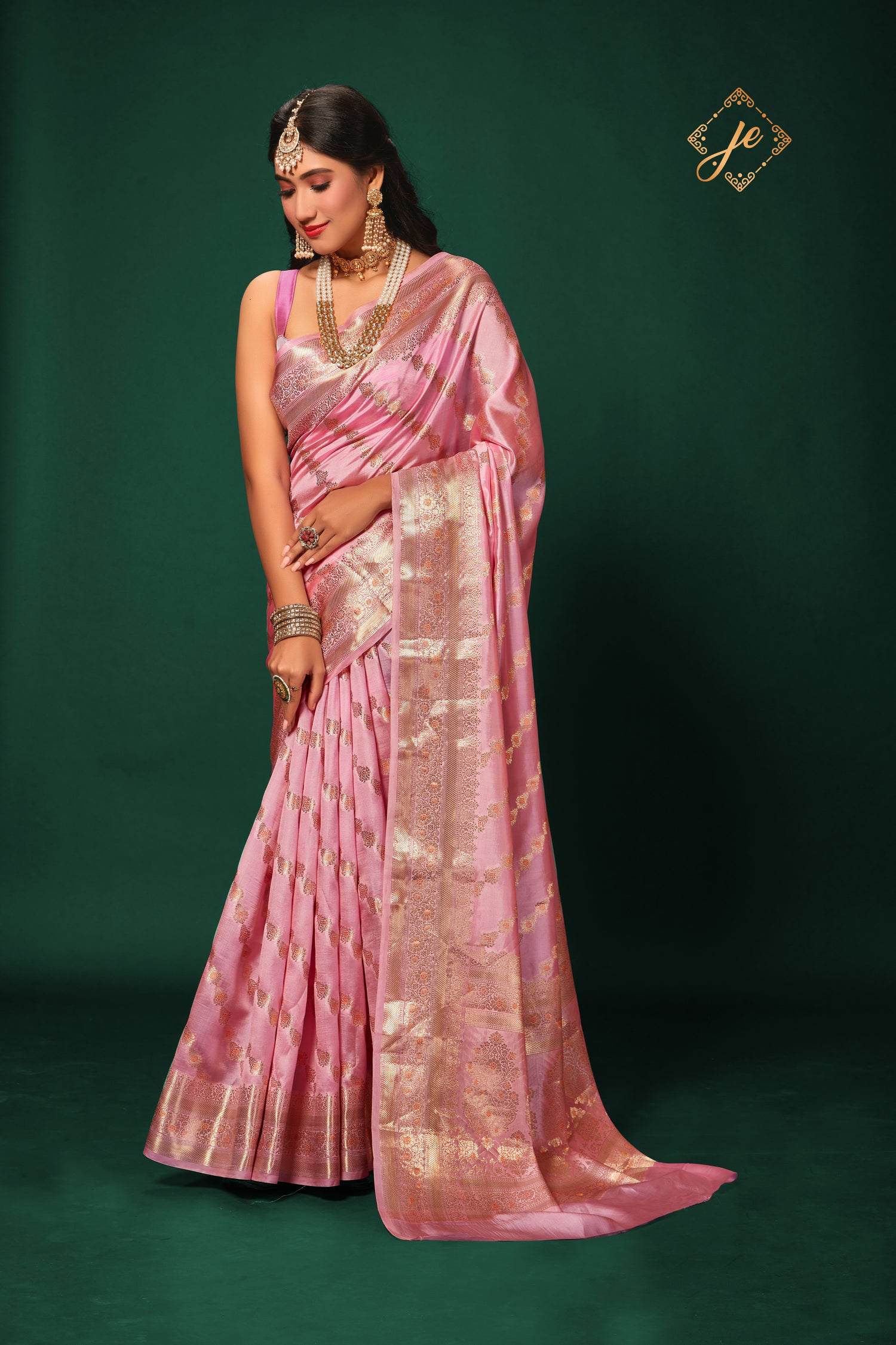 Baby Pink Pure Dupion Silk Leheriya Banarasi Saree