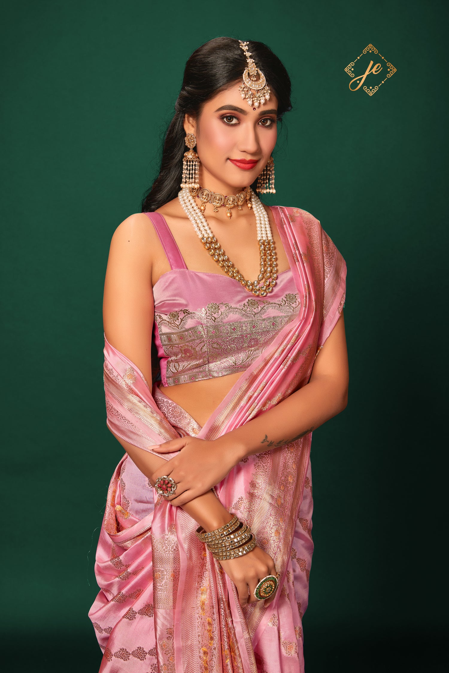 Baby Pink Pure Dupion Silk Leheriya Banarasi Saree