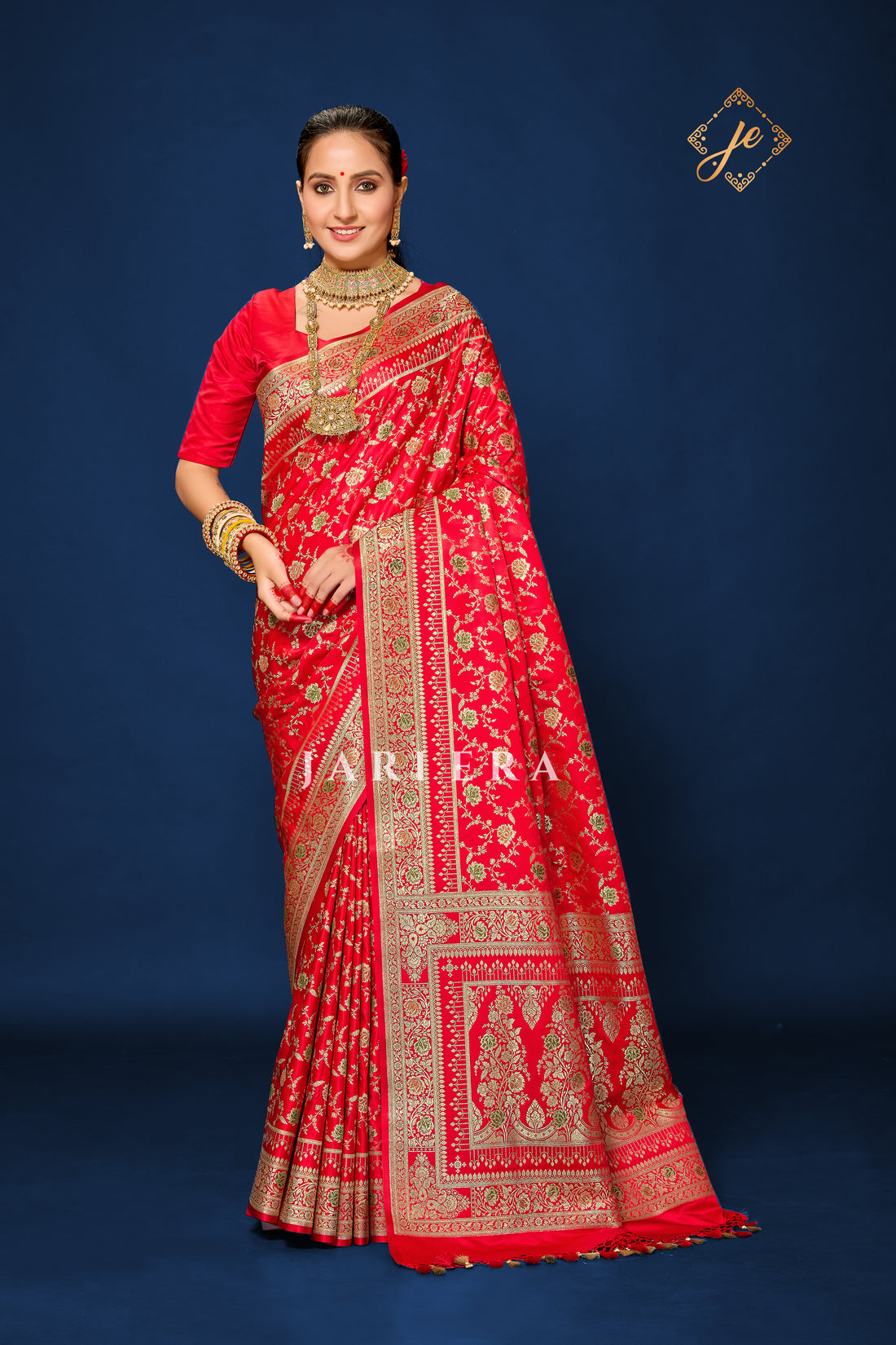 Red Satin Meenakari Jaal Banarasi Saree