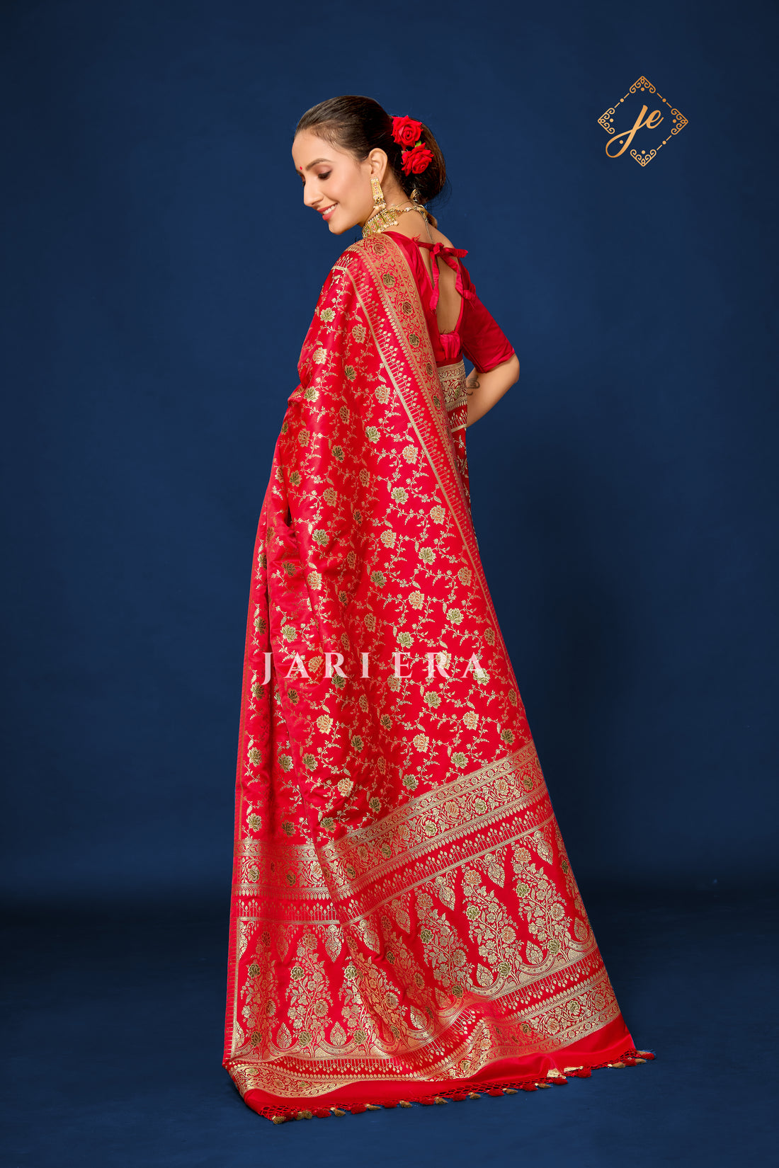 Red Satin Meenakari Jaal Banarasi Saree