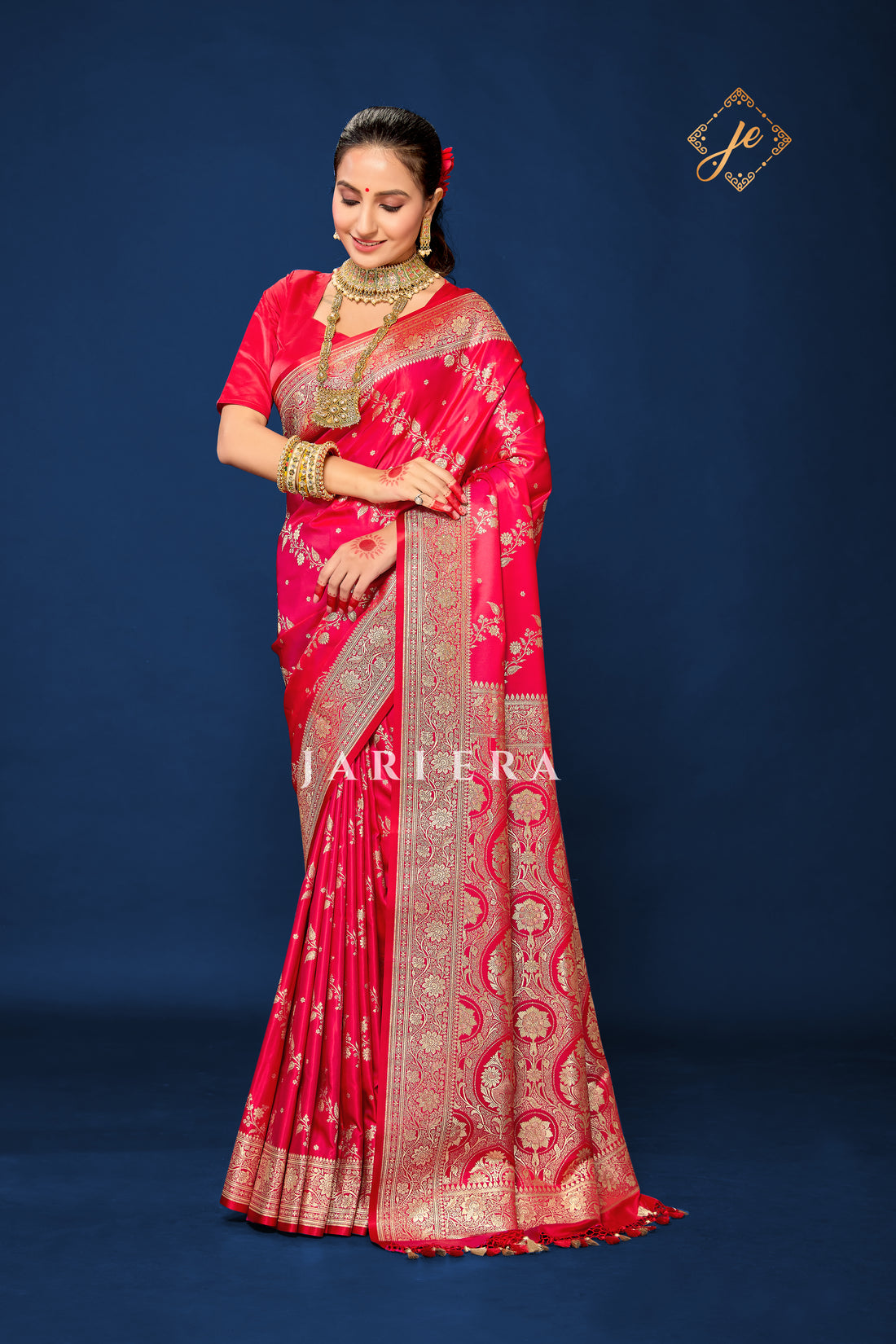 Dual Tone Red Satin Silk Leheriya Banarasi Saree