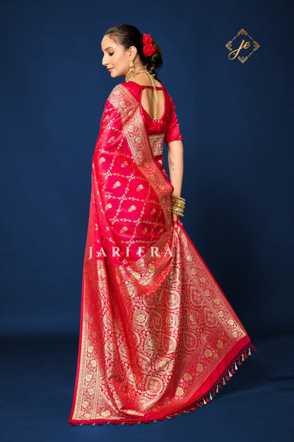 Red Satin Jaal Banarasi Saree
