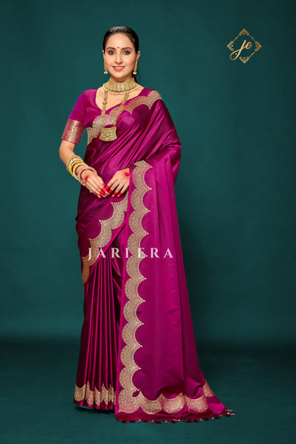 Magenta Scallop Border Satin Silk Banarasi Saree