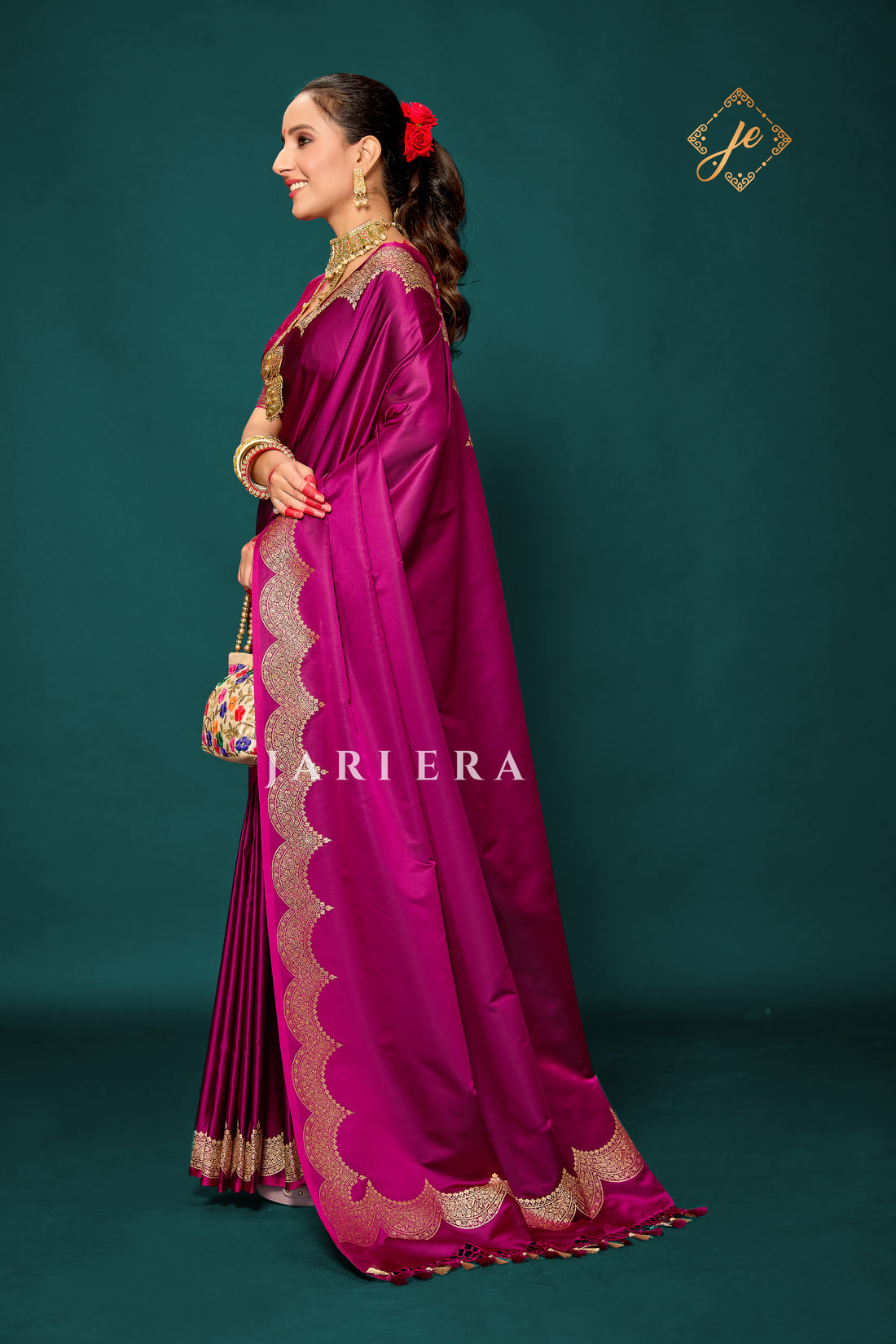 Magenta Scallop Border Satin Silk Banarasi Saree