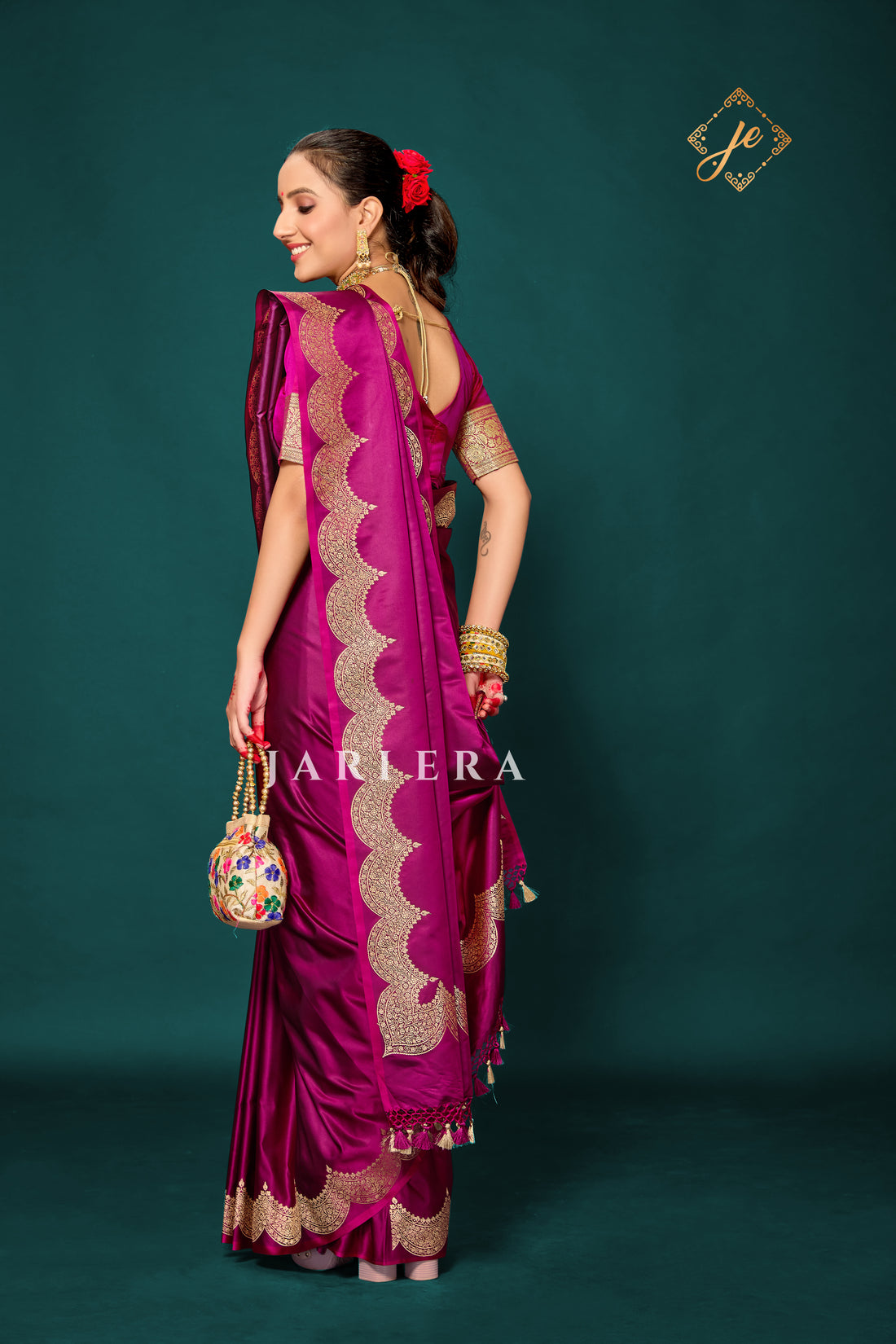 Magenta Scallop Border Satin Silk Banarasi Saree