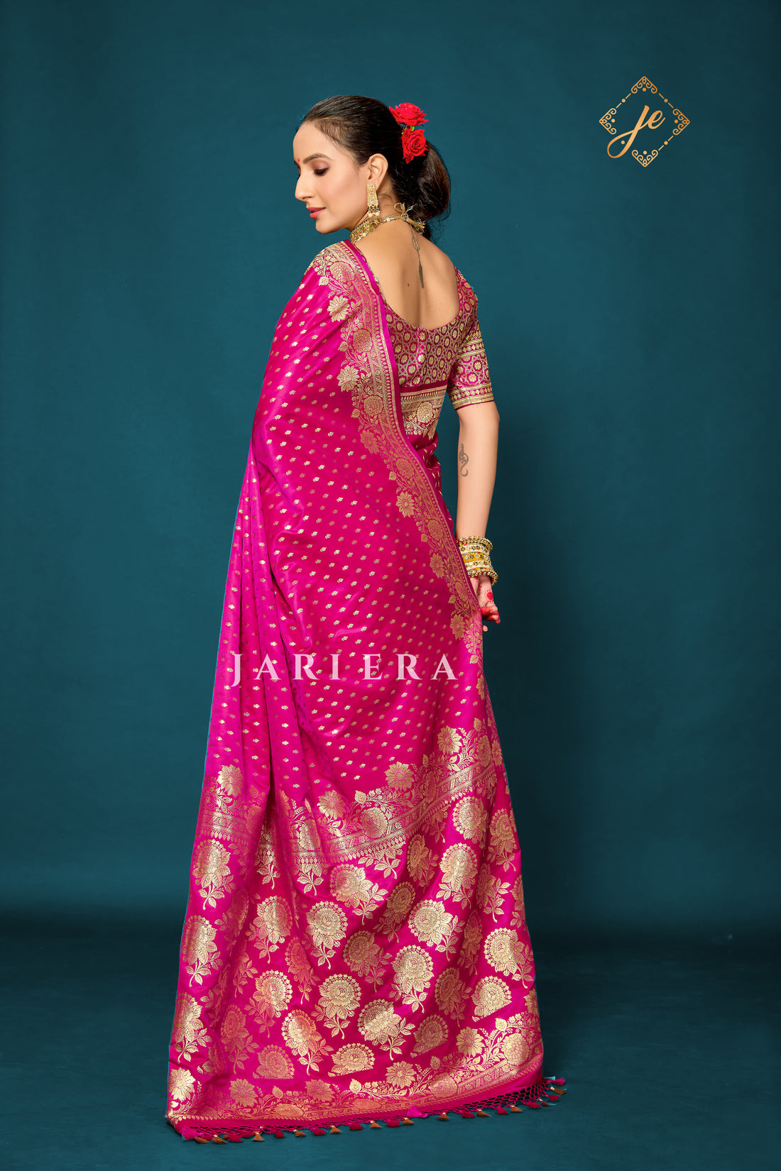 Rani Pink Open Border Satin Silk Buti Banarasi Saree