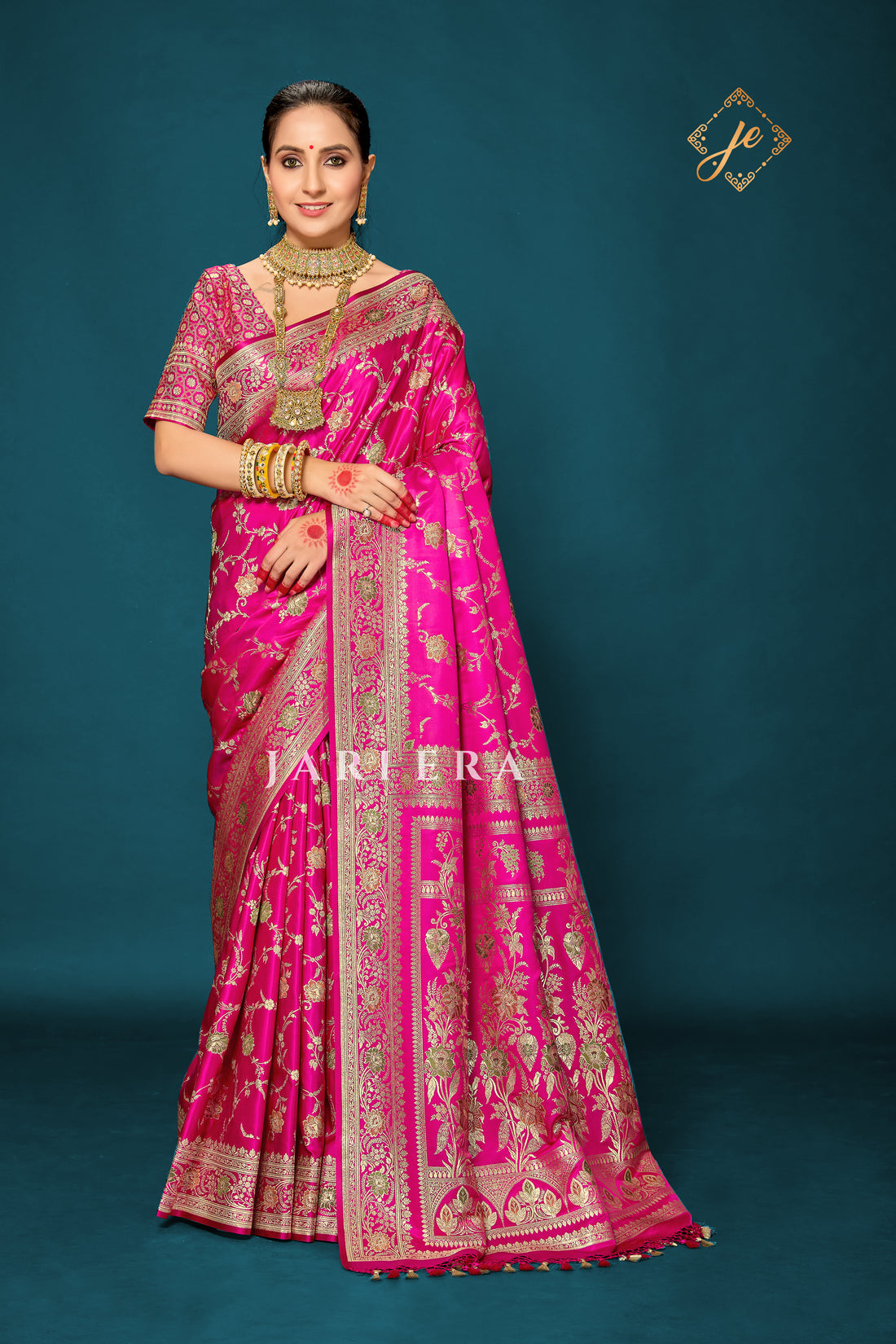 Rani Pink Satin Silk Meenakari Jaal Banarasi Saree
