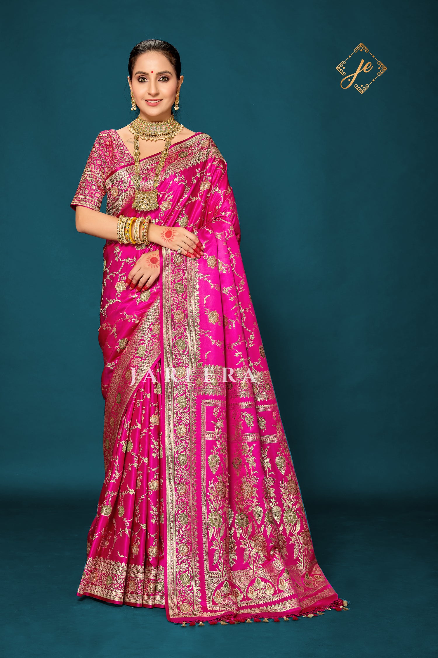 Rani Pink Satin Silk Meenakari Jaal Banarasi Saree