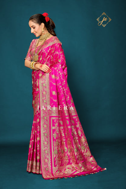 Rani Pink Satin Silk Meenakari Jaal Banarasi Saree