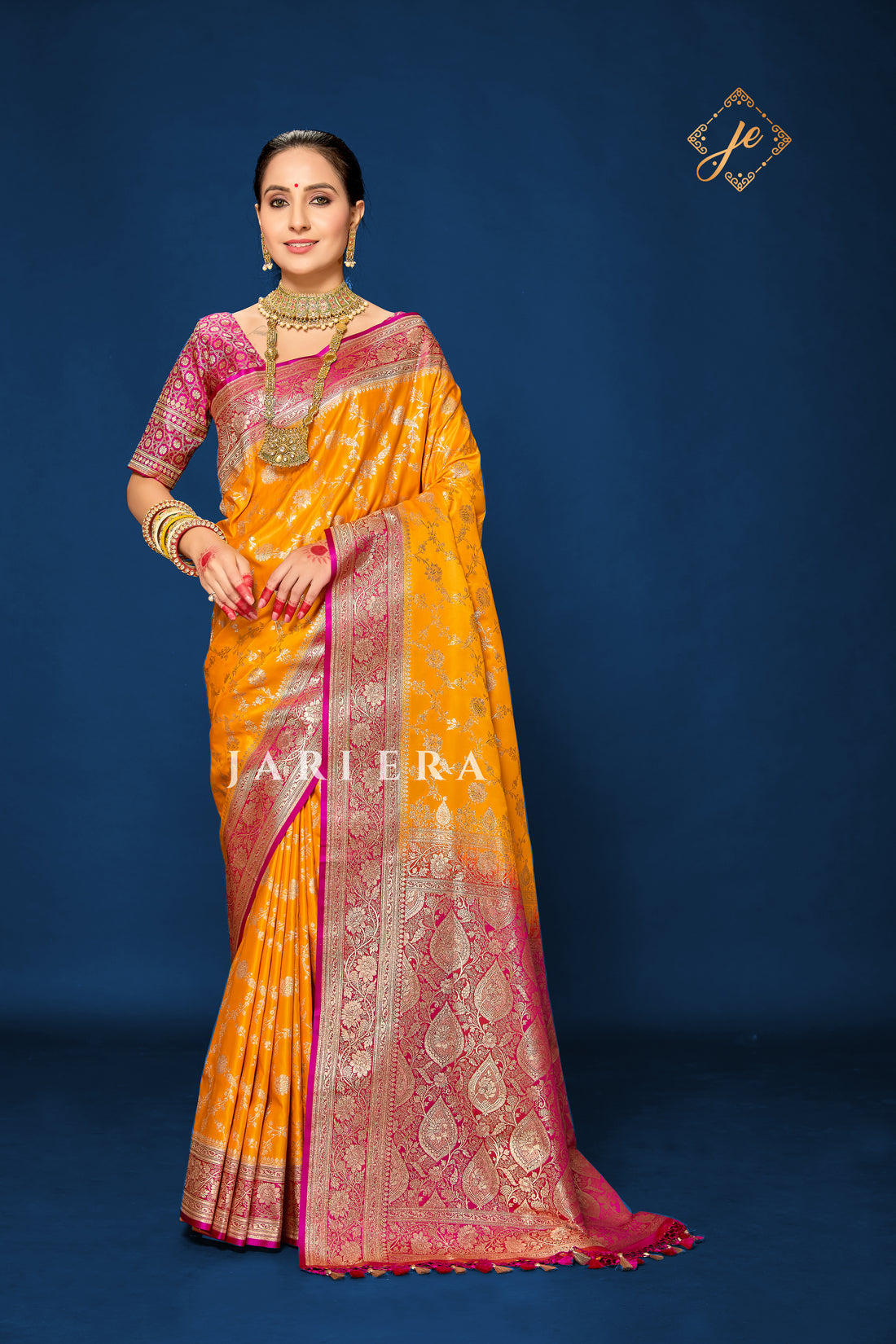 Mustard Yellow with Contrast Rani Pink Border Banarasi Saree