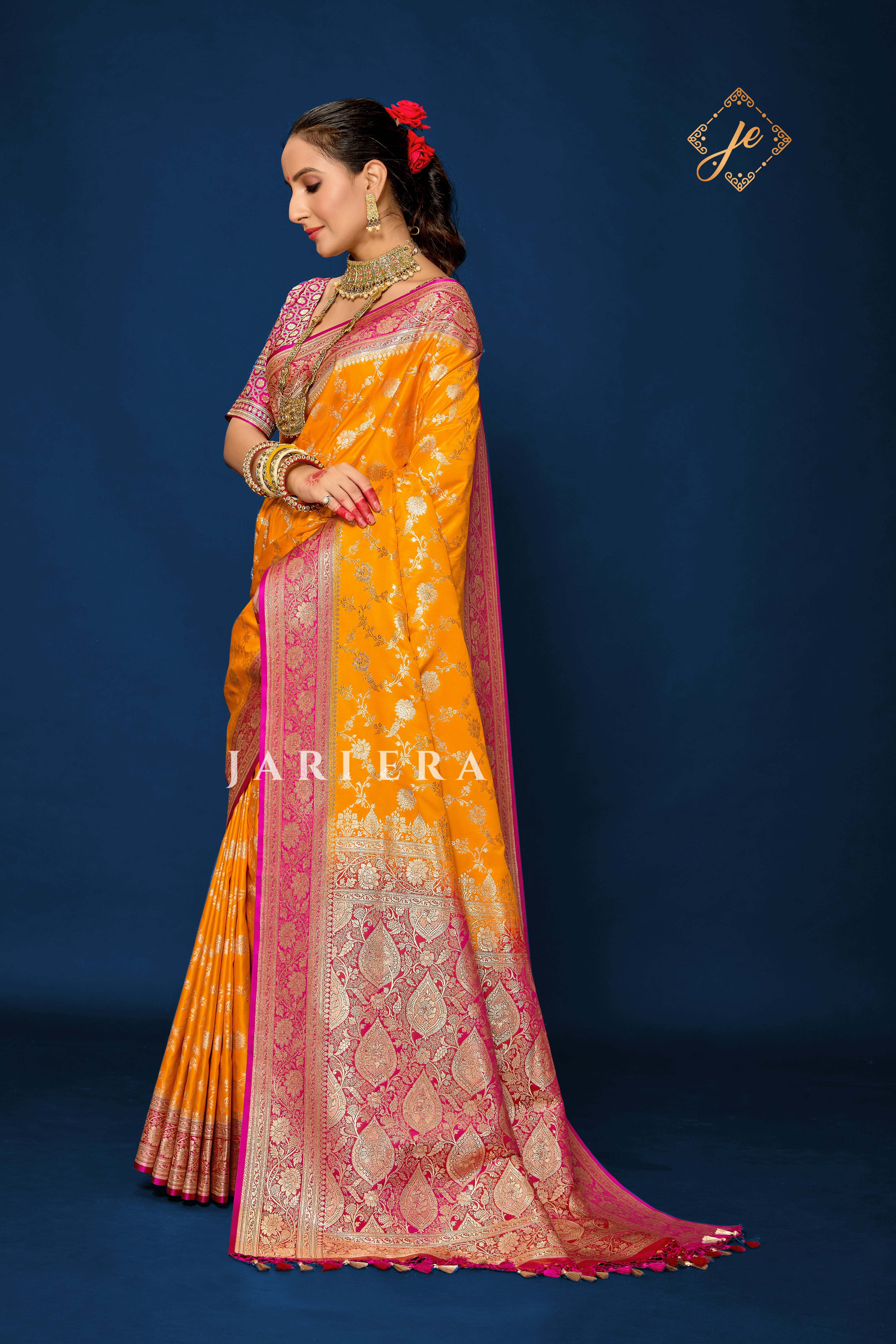 Mustard Yellow with Contrast Rani Pink Border Banarasi Saree
