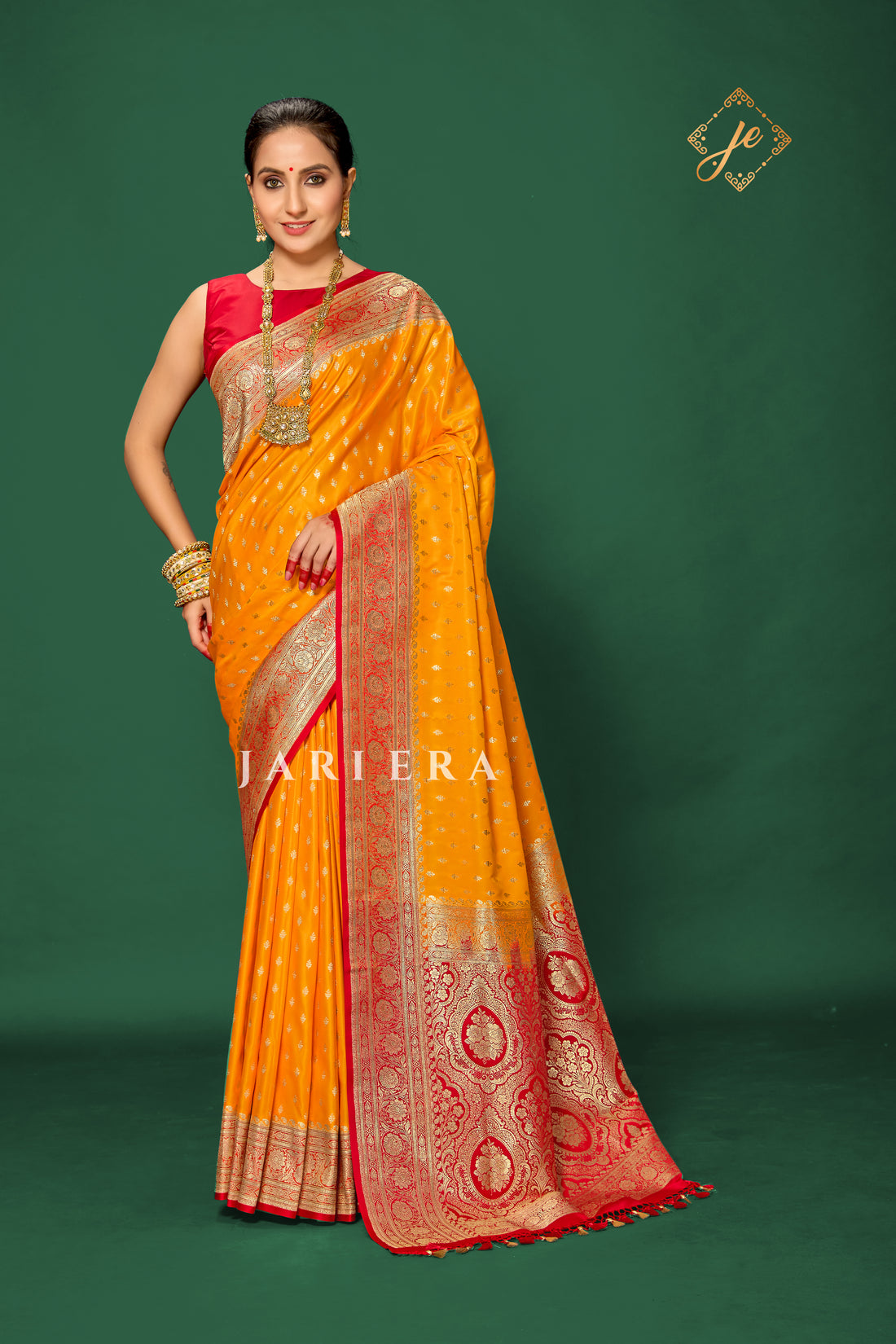 Mango Yellow Satin Silk with Contrast Red Border Banarasi Saree
