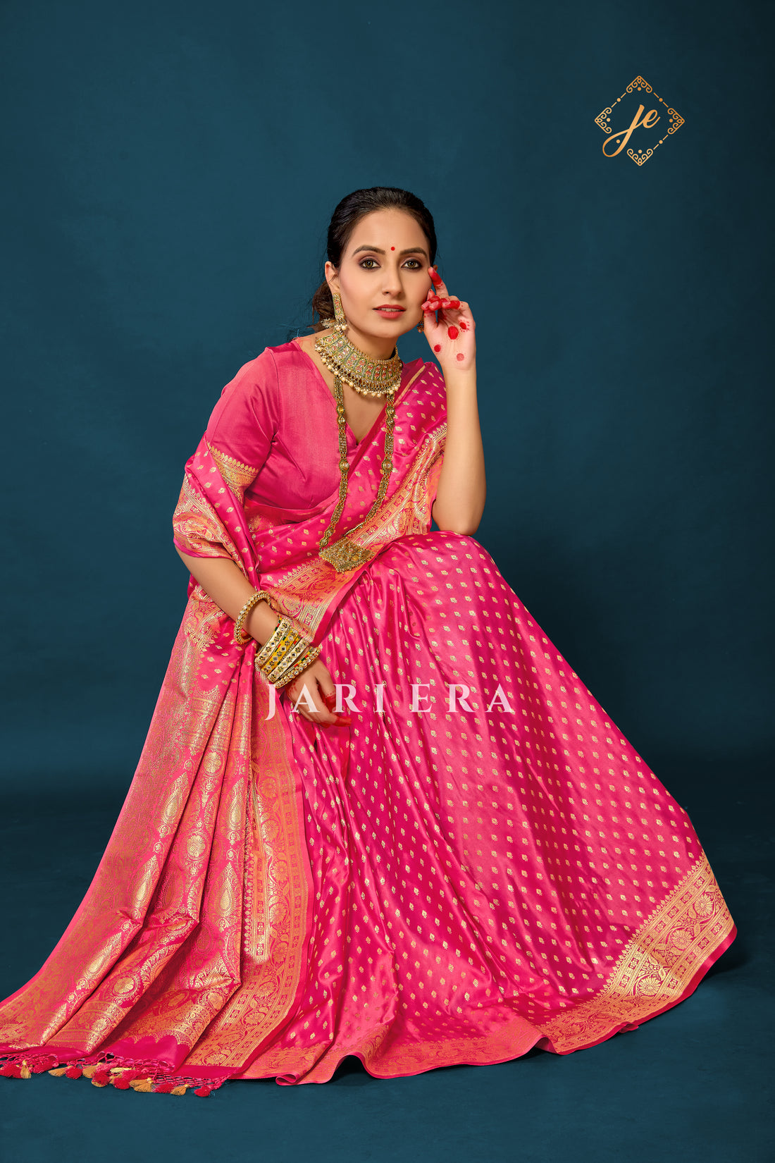 Strawberry Pink Satin Silk Buti Banarasi Saree